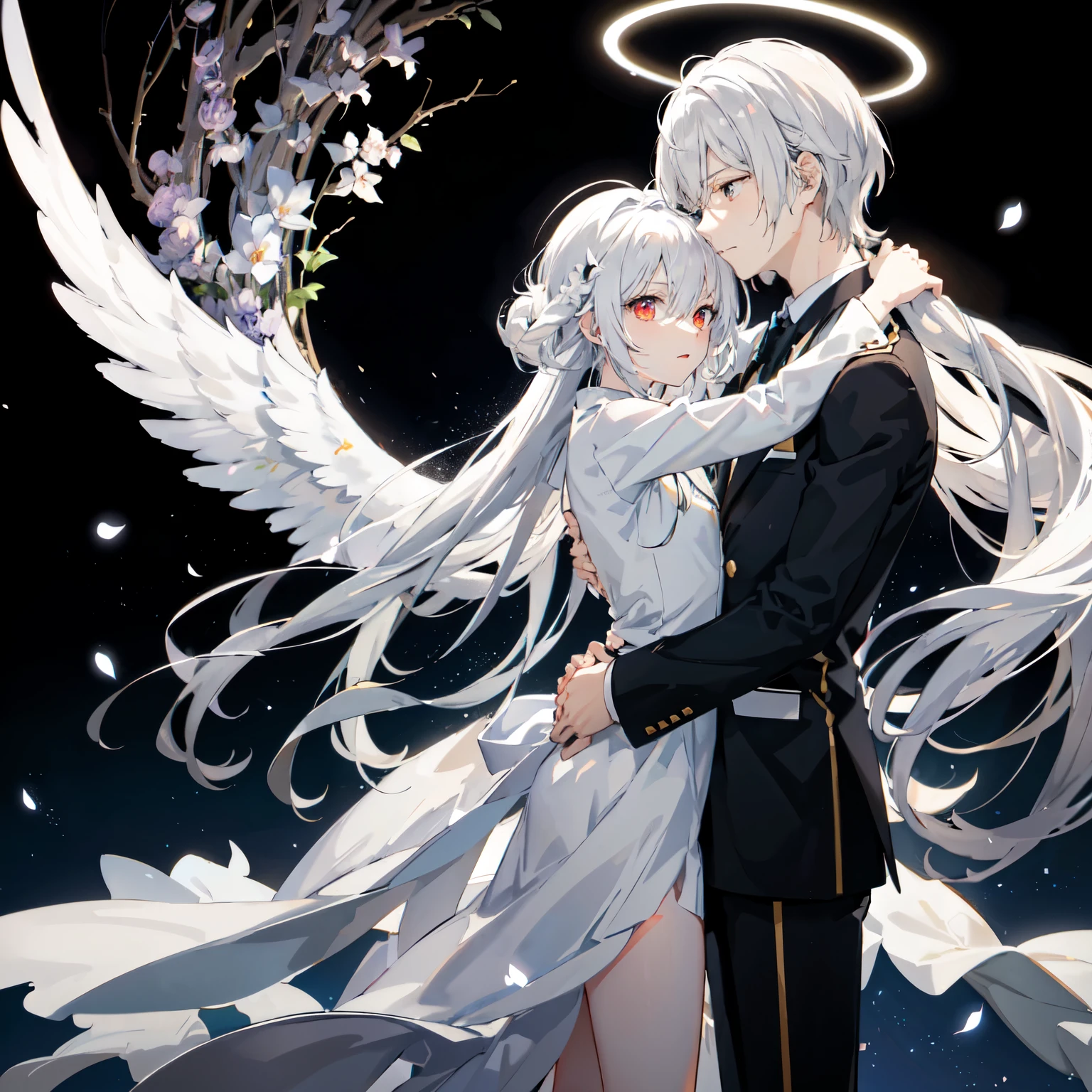 Anime couple hugging and kissing ,  long scarf red color  ,Looking forward Man in formal attire wearing a white and platinum lab coat on top Male,red eyes, cabello largo color platino anime angel con alas y un halo por encima de la cabeza, anime wallpaper , bíblico preciso angel , angelic, ,  glowing angelic being  , an angel, angelical, hd anime wallpaper , Night, angel, ascension,  Big shiny white wings , , Angelic and Disturbing  , the lilies, ethereal anime, angelic angel alas de angel, white-haired deity,  Glowing Angelic Being , Angelic halo, sacred halo, Un angel,  snowy anime background ,  winner of the pixiv , The Angel of Death with a halo, anime wallpaper, angelic and disturbing,  orange halo around her head ,  ray of light through white hair, bright halo above his head,Looking forward Man in formal attire wearing a white and platinum lab coat on top Male,red eyes, cabello largo color platino anime angel con alas y un halo por encima de la cabeza, anime wallpaper , bíblico preciso angel , angelic, angel  glowing angelic being  ,  angel, angelical,  anime wallpaper , Night, angel, ascension,  Big shiny white wings , , Angelic and Disturbing  , the lilies, ethereal anime, angelic halo con alas de angel, white-haired deity,  Glowing Angelic Being , Angelic halo, sacred halo, Un angel, ,  orange halo around her head ,  ray of light through white hair, bright halo above his head, ANGEL HALO shiny white and platinum , masterpiece,  angry face, Ojos rojos, limelight, swirling wind, snowy background ,  ANGEL HALO shiny white and platinum , masterpiece, angry face, Ojos rojos, limelight, swirling wind, snowy background ,  lab coat color white and platinum formal outfit platinum color formal attire complex snowy background 