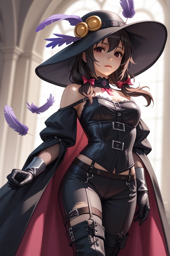 1girl, black clothes, white skin, fangs, (((hat, bicorne))), ascot, black hair, white pantyhose, red ascot, black cape, breasts, cape, earrings, rapier, hand up, flintlock handgun, holding, holding sword, wet clothes, long boots, pouches, transparent clothes, nipples, holding weapon, jewelry, kneeling, large breasts, long hair, looking at viewer, purple eyes, leather pants, leg cut, hip vent, solo, thigh strap, thighs, tricorne, very long hair, weapon, white shirt, indoors, gothic, castle <lora:Vanillaware_XL:1>, score_9, score_8_up, score_7_up, score_6_up, score_5_up, score_4_up, BREAK source_anime, masterpiece