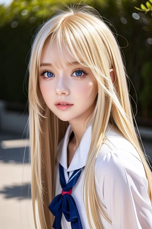 長くて明るいプラチナブロンドの髪を持つ very beautiful女の子、 beautiful 18 year old Scandinavian girl 、 bangs above eyes 、 blond hair on her face 、 popular blonde hair on her face 、 very beautiful顔、Kind and bright expression 、 showing off super long straight silky hair that stretches all the way to the toes、 very beautiful、 very bright light blue shining big eyes 、 very big gentle eyes 、 beautiful bright eye highlights 、 bangs between eyes、 blonde hair above one eye 、The beauty of a small face、Very white、young、 Shiny Skin、Cheek highlight、 school uniform、school sailor uniform、Round face、 Lie on your back