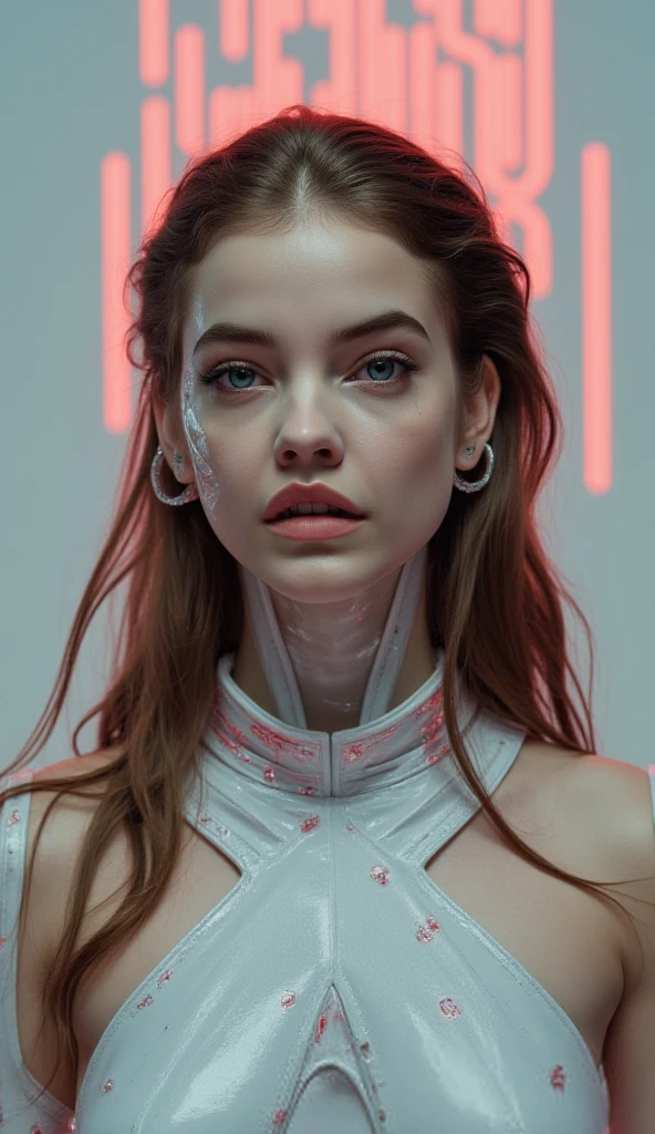 A beautiful ((evil slavic woman)), pale skin, long light brown hair, with robotic features as a closeup shot of the face and neck, with circuitry on her skin, clean lines, minimal details, cyberpunk, portrayed, futuristic design, in a 2D flat composition, red tones