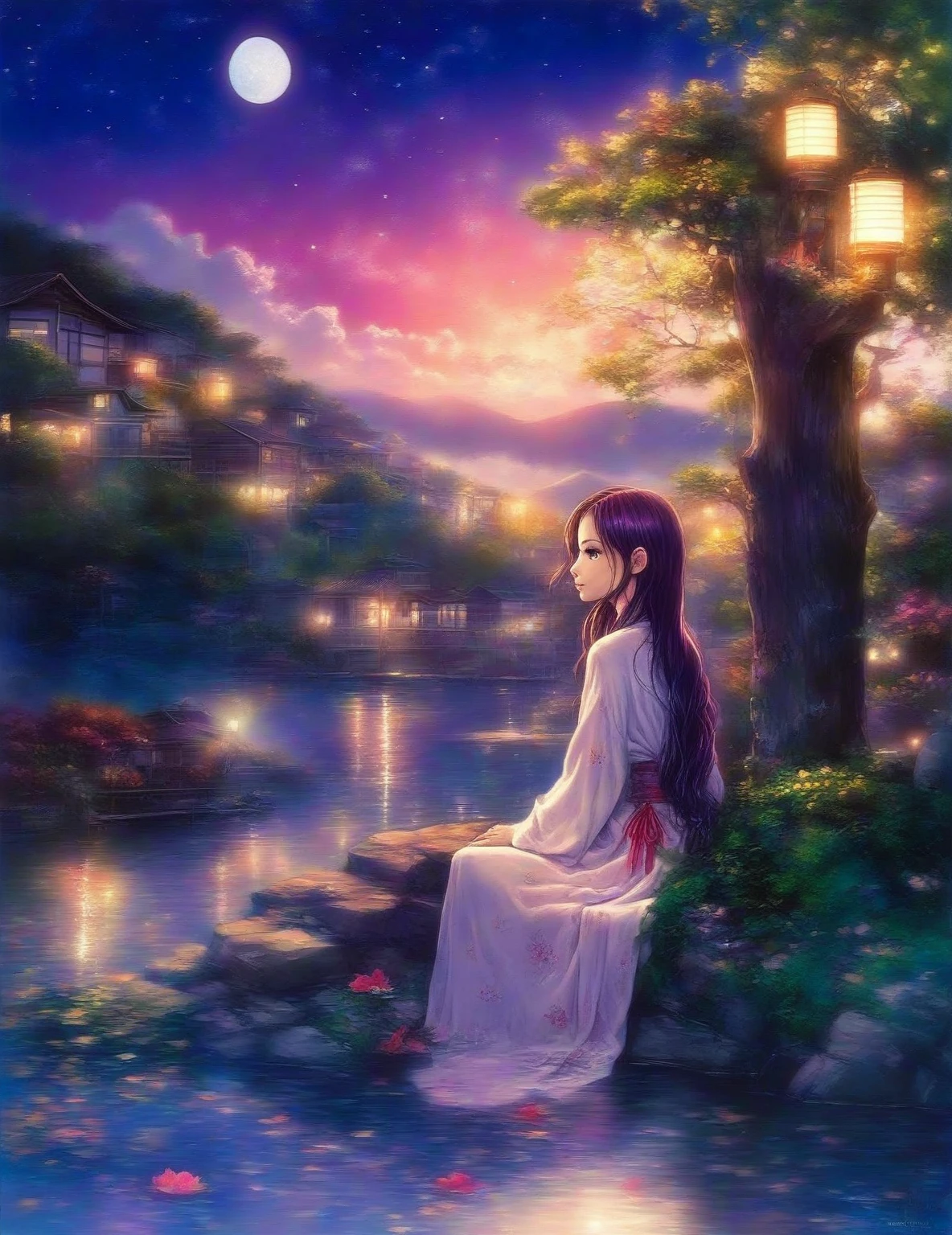 1girl,(((cópia de Kristin kreuk desprovida de roupa e perfeita de corpo inteiro, anatomia perfeita)))flower,long hair,tree,water,white kimono,sitting,outdoors,night,house,purple eyes,night sky,scenery,reflection,lake,lantern,pink hair,long hair,smile,starry sky,looking back,