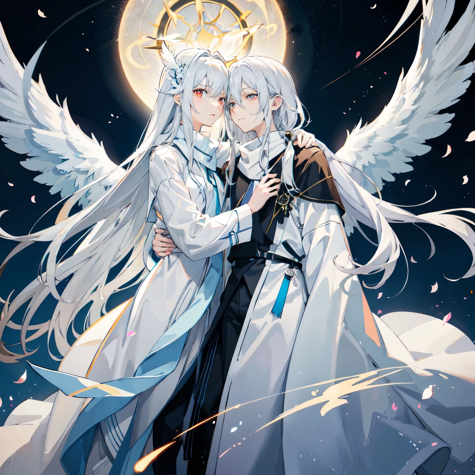 Anime couple hugging and kissing ,  long scarf red color  ,Looking forward Man in formal attire wearing a white and platinum lab coat on top Male,red eyes, cabello largo color platino anime angel con alas y un halo por encima de la cabeza, anime wallpaper , bíblico preciso angel , angelic, ,  glowing angelic being  , an angel, angelical, hd anime wallpaper , Night, angel, ascension,  Big shiny white wings , , Angelic and Disturbing  , the lilies, ethereal anime, angelic angel alas de angel, white-haired deity,  Glowing Angelic Being , Angelic halo, sacred halo, Un angel,  snowy anime background ,  winner of the pixiv , The Angel of Death with a halo, anime wallpaper, angelic and disturbing,  orange halo around her head ,  ray of light through white hair, bright halo above his head,Looking forward Man in formal attire wearing a white and platinum lab coat on top Male,red eyes, cabello largo color platino anime angel con alas y un halo por encima de la cabeza, anime wallpaper , bíblico preciso angel , angelic, angel  glowing angelic being  ,  angel, angelical,  anime wallpaper , Night, angel, ascension,  Big shiny white wings , , Angelic and Disturbing  , the lilies, ethereal anime, angelic halo con alas de angel, white-haired deity,  Glowing Angelic Being , Angelic halo, sacred halo, Un angel, ,  orange halo around her head ,  ray of light through white hair, bright halo above his head, ANGEL HALO shiny white and platinum , masterpiece,  angry face, Ojos rojos, limelight, swirling wind, snowy background ,  ANGEL HALO shiny white and platinum , masterpiece, angry face, Ojos rojos, limelight, swirling wind, snowy background ,  lab coat color white and platinum formal outfit platinum color formal attire complex snowy background 