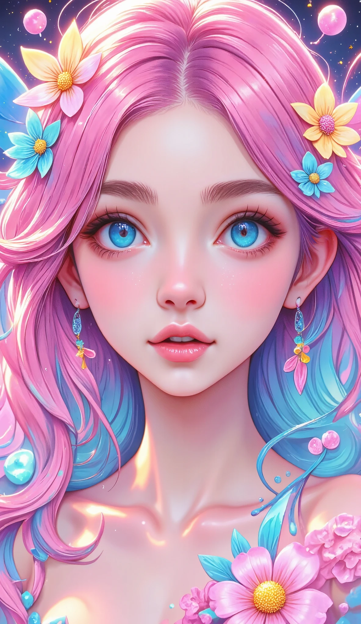 ((  masterpiece)). This piece of art is sweet, dreamer, and ethereal ,  With soft shades of pink watercolor and lots of ornate cotton candy details  .. Intimate underwear,  Generate a delicate and demure fairy exploring a  ( World of gum with a wide variety of pastel shades ).(Floating under),  Her sweet face is extremely detailed and realistic with elegant features .,  A perfect mouth with puffiness , kissable lips, It seems that ((((un elegant Micarah Tewers)))).  Your lips are a uniform shade of pink .  Includes mature and impressive features . ., very realistic eyes.  Your eyes are important and must be realistic , and beautiful.  In high definition and detail ,  includes many details such as stars , galaxies, burbujas de colores, colorful petals , Dripping bright paint , iridescence , Vivid hyper-realistic textures .  Stars and colorful bubble gum are important ! Includes fantasy details.., improved details, iridescence , Viento colorido, chiaroscuro, cinematic lighting, UHD, Retina, masterpiece, Accurate,  anatomically correct , textured skin, Super detail, high details, high quality,  award winning , best quality, highres, 1080P, HD, 16K