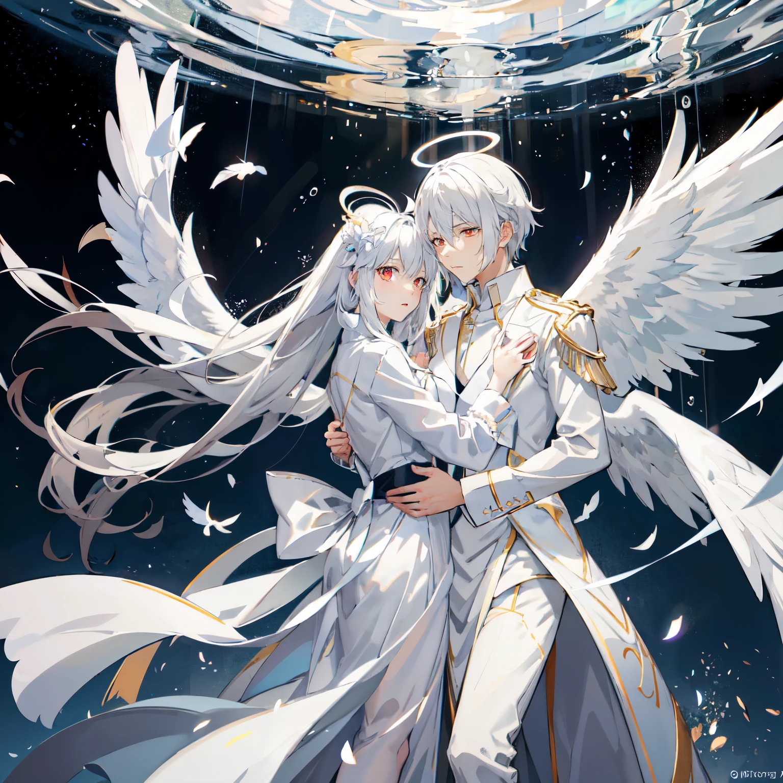 Anime couple hugging and kissing ,  long scarf red color  ,Looking forward Man in formal attire wearing a white and platinum lab coat on top Male,red eyes, cabello largo color platino anime angel con alas y un halo por encima de la cabeza, anime wallpaper , bíblico preciso angel , angelic, ,  glowing angelic being  , an angel, angelical, hd anime wallpaper , Night, angel, ascension,  Big shiny white wings , , Angelic and Disturbing  , the lilies, ethereal anime, angelic angel alas de angel, white-haired deity,  Glowing Angelic Being , Angelic halo, sacred halo, Un angel,  snowy anime background ,  winner of the pixiv , The Angel of Death with a halo, anime wallpaper, angelic and disturbing,  orange halo around her head ,  ray of light through white hair, bright halo above his head,Looking forward Man in formal attire wearing a white and platinum lab coat on top Male,red eyes, cabello largo color platino anime angel con alas y un halo por encima de la cabeza, anime wallpaper , bíblico preciso angel , angelic, angel  glowing angelic being  ,  angel, angelical,  anime wallpaper , Night, angel, ascension,  Big shiny white wings , , Angelic and Disturbing  , the lilies, ethereal anime, angelic halo con alas de angel, white-haired deity,  Glowing Angelic Being , Angelic halo, sacred halo, Un angel, ,  orange halo around her head ,  ray of light through white hair, bright halo above his head, ANGEL HALO shiny white and platinum , masterpiece,  angry face, Ojos rojos, limelight, swirling wind, snowy background ,  ANGEL HALO shiny white and platinum , masterpiece, angry face, Ojos rojos, limelight, swirling wind, snowy background ,  lab coat color white and platinum formal outfit platinum color formal attire complex snowy background 