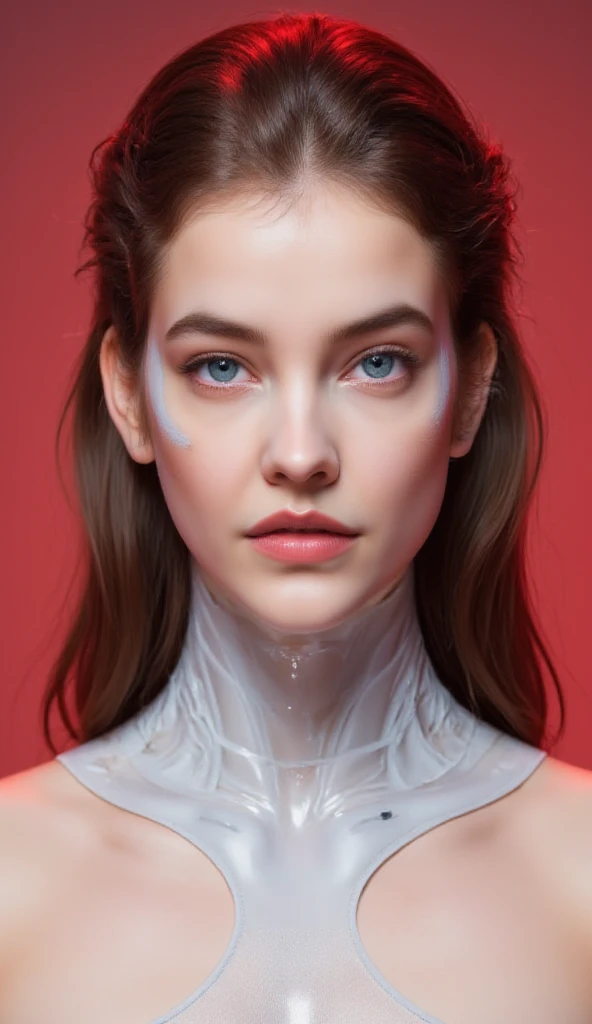 A beautiful ((evil slavic woman)), pale skin, long light brown hair, with robotic features as a closeup shot of the face and neck, with circuitry on her skin, clean lines, minimal details, cyberpunk, portrayed, futuristic design, in a 2D flat composition, red tones