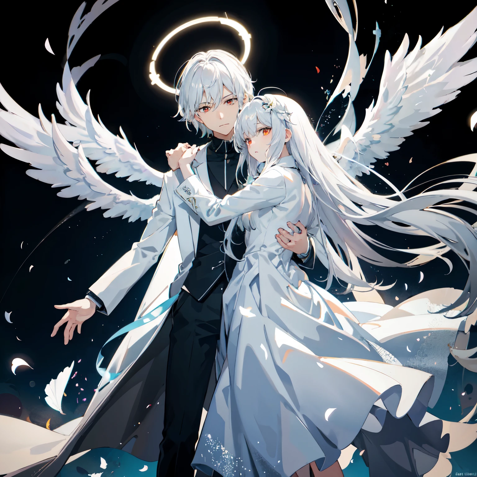 Anime couple hugging and kissing ,  long scarf red color  ,Looking forward Man in formal attire wearing a white and platinum lab coat on top Male,red eyes, cabello largo color platino anime angel con alas y un halo por encima de la cabeza, anime wallpaper , bíblico preciso angel , angelic, ,  glowing angelic being  , an angel, angelical, hd anime wallpaper , Night, angel, ascension,  Big shiny white wings , , Angelic and Disturbing  , the lilies, ethereal anime, angelic angel alas de angel, white-haired deity,  Glowing Angelic Being , Angelic halo, sacred halo, Un angel,  snowy anime background ,  winner of the pixiv , The Angel of Death with a halo, anime wallpaper, angelic and disturbing,  orange halo around her head ,  ray of light through white hair, bright halo above his head,Looking forward Man in formal attire wearing a white and platinum lab coat on top Male,red eyes, cabello largo color platino anime angel con alas y un halo por encima de la cabeza, anime wallpaper , bíblico preciso angel , angelic, angel  glowing angelic being  ,  angel, angelical,  anime wallpaper , Night, angel, ascension,  Big shiny white wings , , Angelic and Disturbing  , the lilies, ethereal anime, angelic halo con alas de angel, white-haired deity,  Glowing Angelic Being , Angelic halo, sacred halo, Un angel, ,  orange halo around her head ,  ray of light through white hair, bright halo above his head, ANGEL HALO shiny white and platinum , masterpiece,  angry face, Ojos rojos, limelight, swirling wind, snowy background ,  ANGEL HALO shiny white and platinum , masterpiece, angry face, Ojos rojos, limelight, swirling wind, snowy background ,  lab coat color white and platinum formal outfit platinum color formal attire complex snowy background 