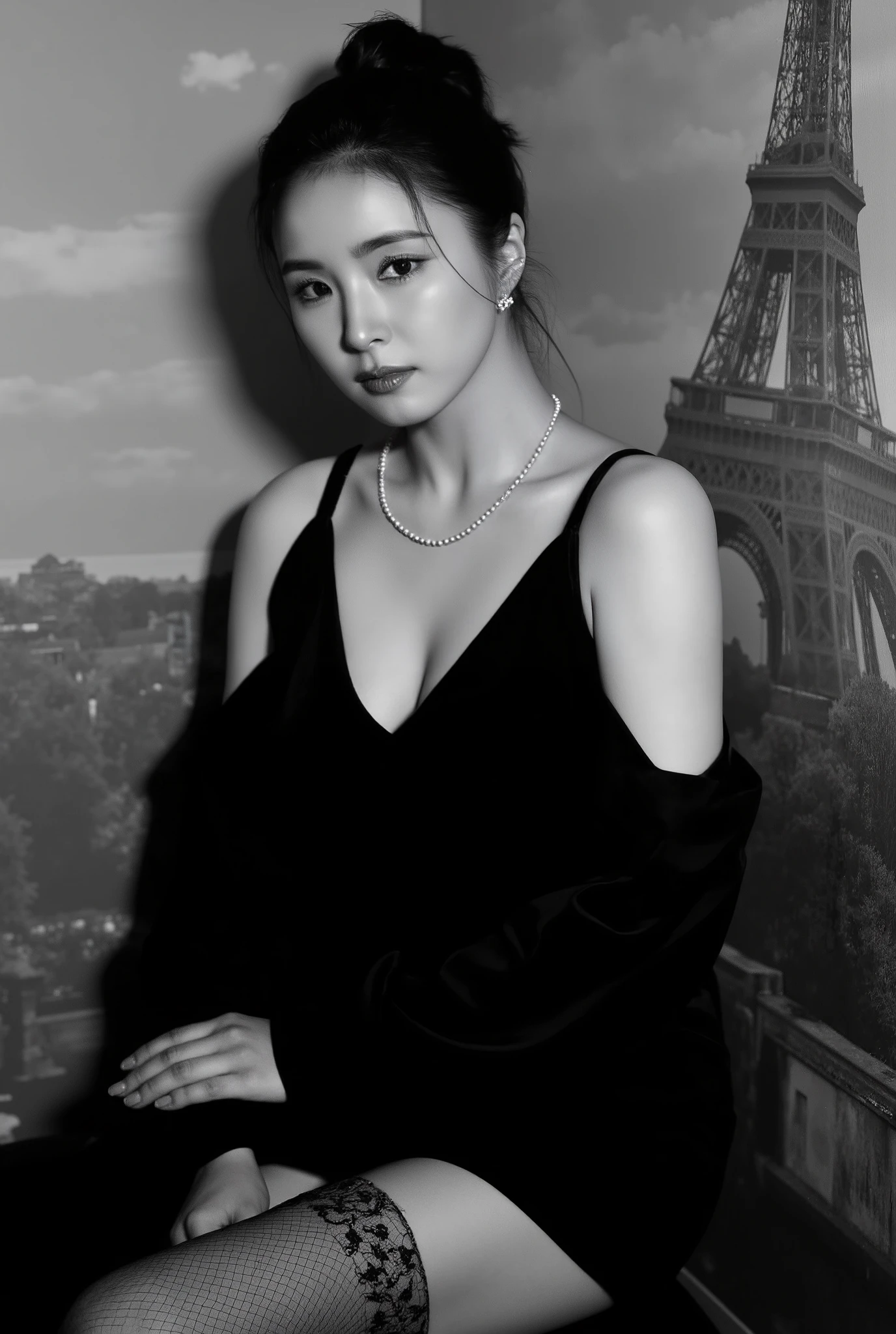  Black and White Photographic,  Portrait, Close up ,Front view, looking at viewer,  name  is Shin Sekyung,  beautiful Korea  Young girl is 25-age, (black chignon hair, heavy make, serious, decoration peal earring, peal neck-less), (C cup breast, middle hip),1 piece black formal dress, shoulder-less simple and chic body-con mini dress ,  black lace stocking ,  cinematic lighting,  back wall Paris picture Panel, (masterpiece, highest quality, High resolution, Photo realistic, sharp, RAW Photos, wallpaper, perfection, Professional Lighting, Very detailed)