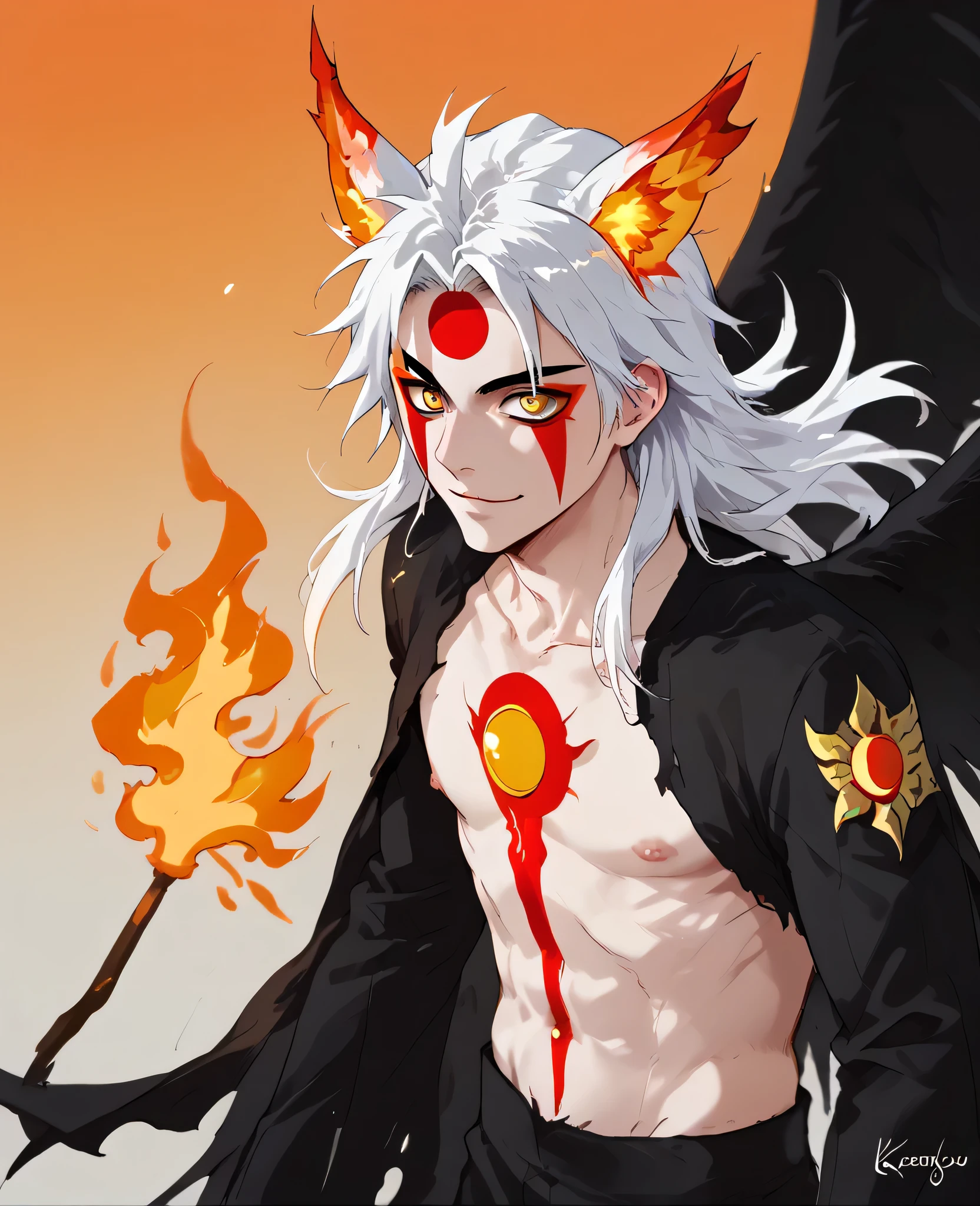 man, flaming hair, white skin, red face paint, jentry chau, anime style, fire powers, yellow cat eyes, white hair, third cat eye on forehead, voluminous hair, orange twilight sky, smile, kitsune style, strong, Kyojuro Rengoku