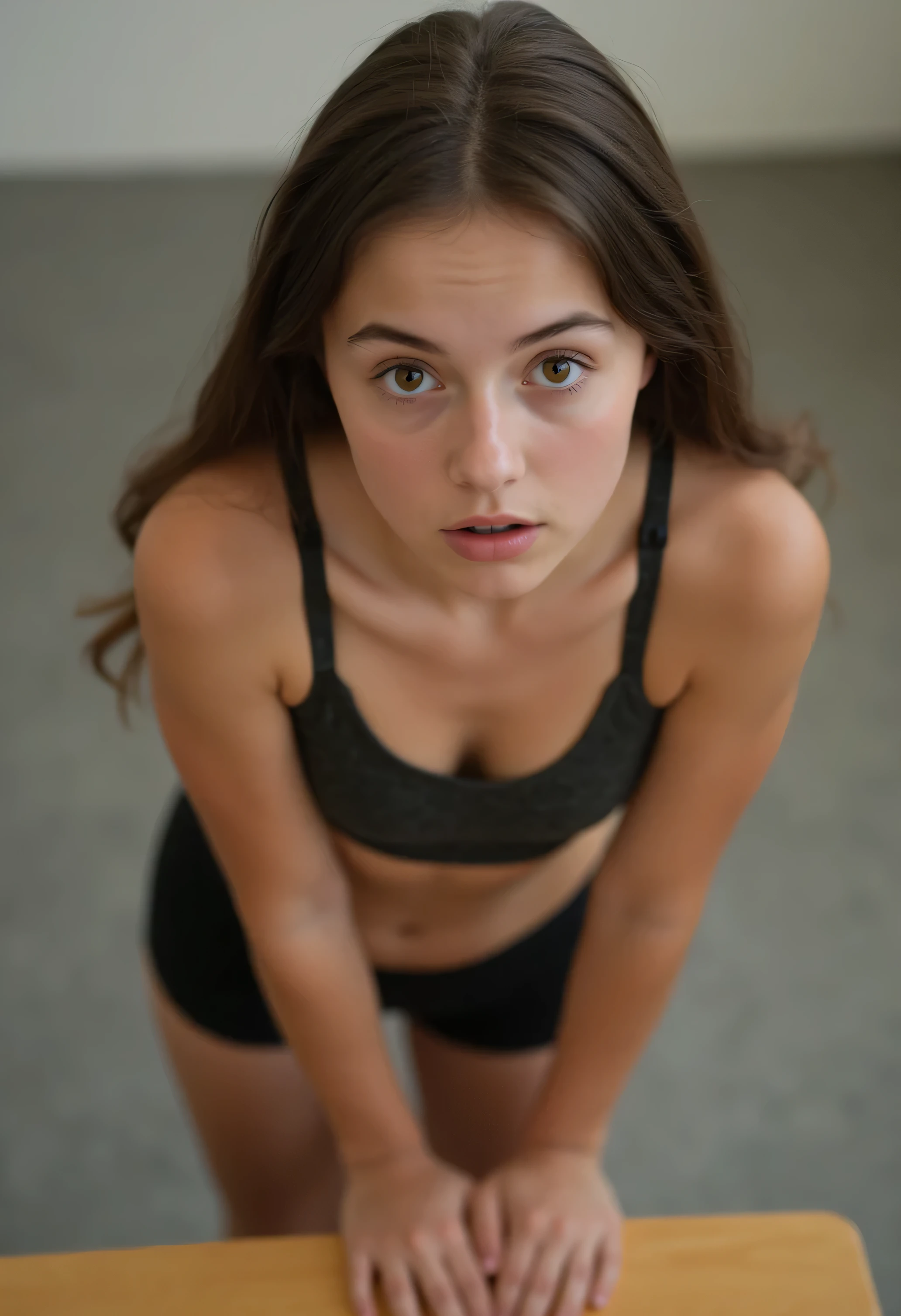 young girl , 18 years, German, Cute crop top, Kurze Schwarze Yogahose , frightened, surprised, High angle view, looks at the viewer , in the classroom, cute face, 4K, leaning on the desk, sweet ass.