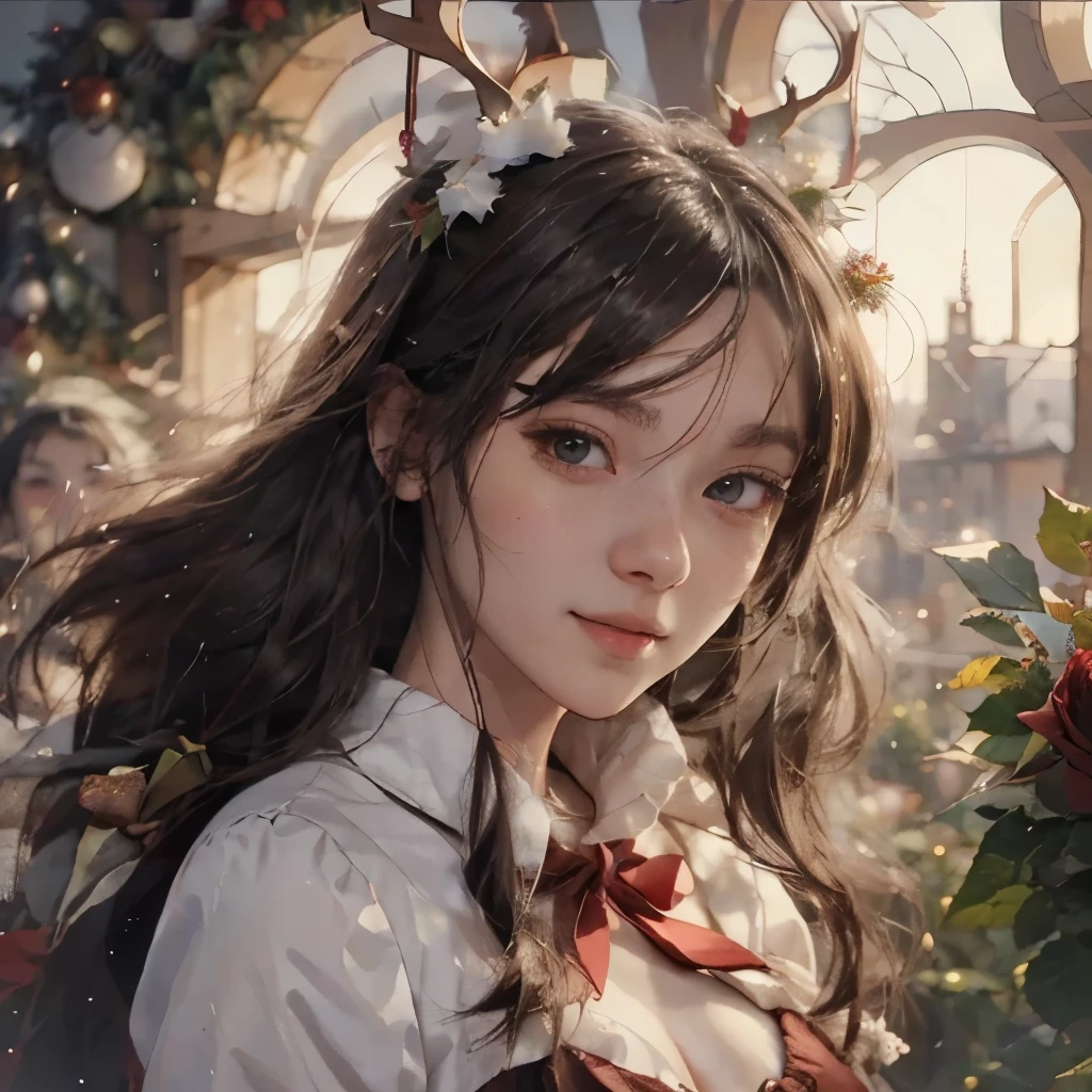 クリスマスイラスト,Anime girl with long black hair and a white dress with red roses, Gwaiz, Gwaiz on pixiv artstation,  detailed digital animation art, beautiful anime girl, Gwaiz on artstation pixiv, Anime Style 4k, everyone, beautiful anime portrait,  detailed portrait of an anime girl ,  BEAUTIFUL ANIME WOMEN ,  Detailed Anime Art 