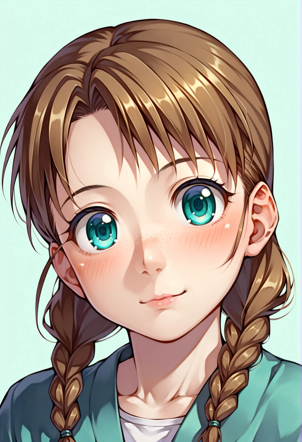 cute, kawaii, 2000s anime, moe anime, 2000s anime style, moe anime style, 1girl, solo, emmaverde, brown hair, aqua eyes, braids, freckles, (SuperQuality)