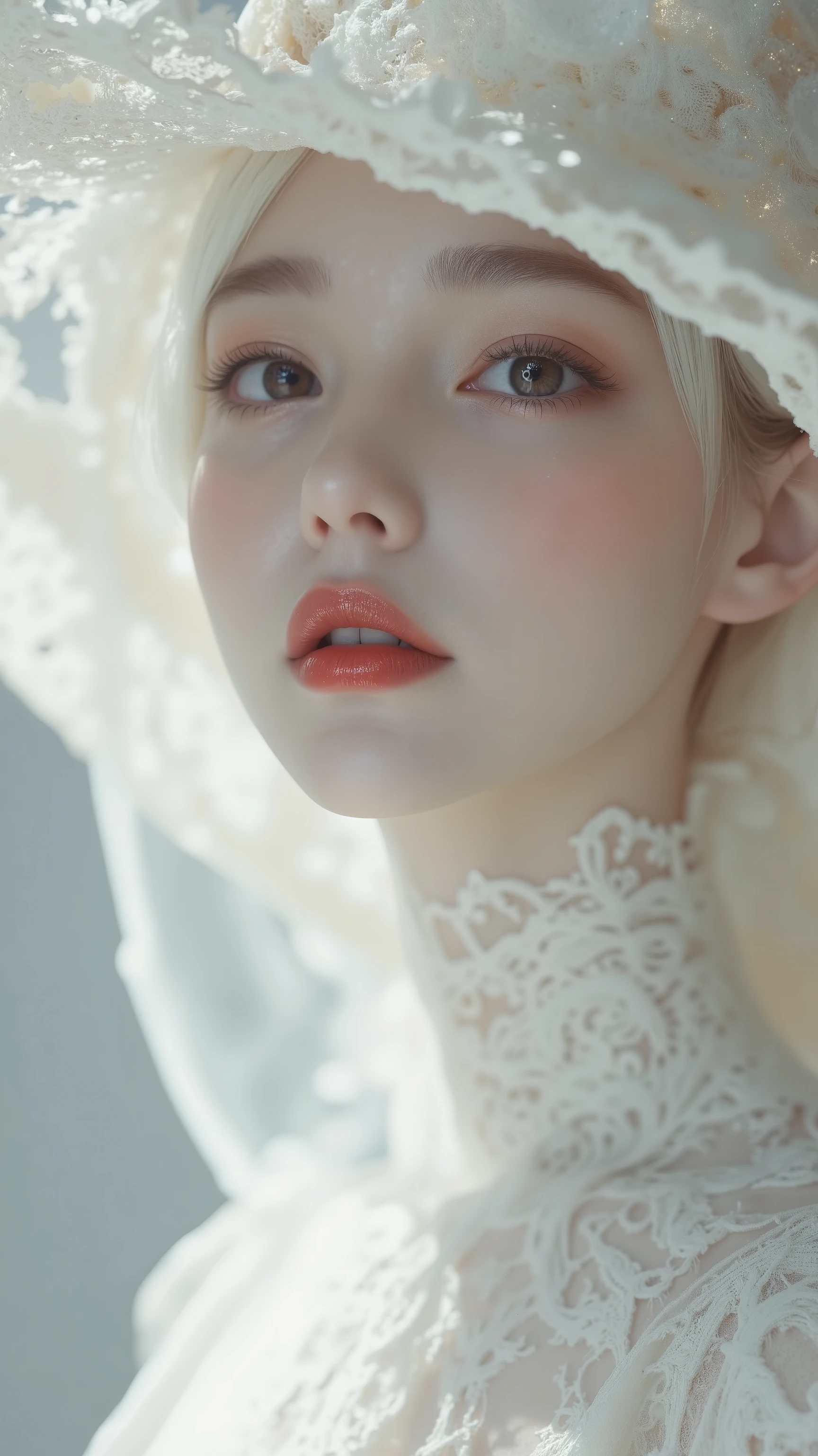 Arabian woman wearing a white hat and dress and red lipstick, pale White skin like porcelain, Gweitz, Gweitz masterpiece, artwork in the style of Gweitz, Soft Portrait Shot 8k, Pale Young Ghost Girl, White skin like porcelain, By Russell Dongjun Lu, Pale milky porcelain skin, An elegant woman with skin like alabaster