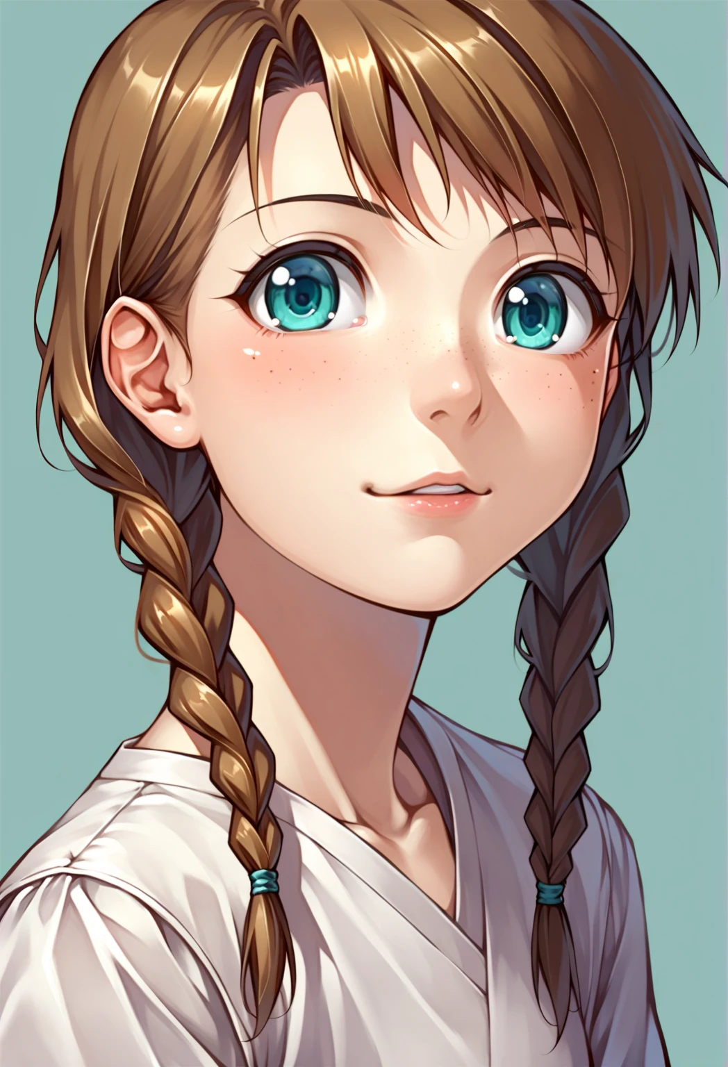 cute, kawaii, 2000s anime, moe anime, 2000s anime style, moe anime style, 1girl, solo, emmaverde, brown hair, aqua eyes, braids, freckles, (SuperQuality)