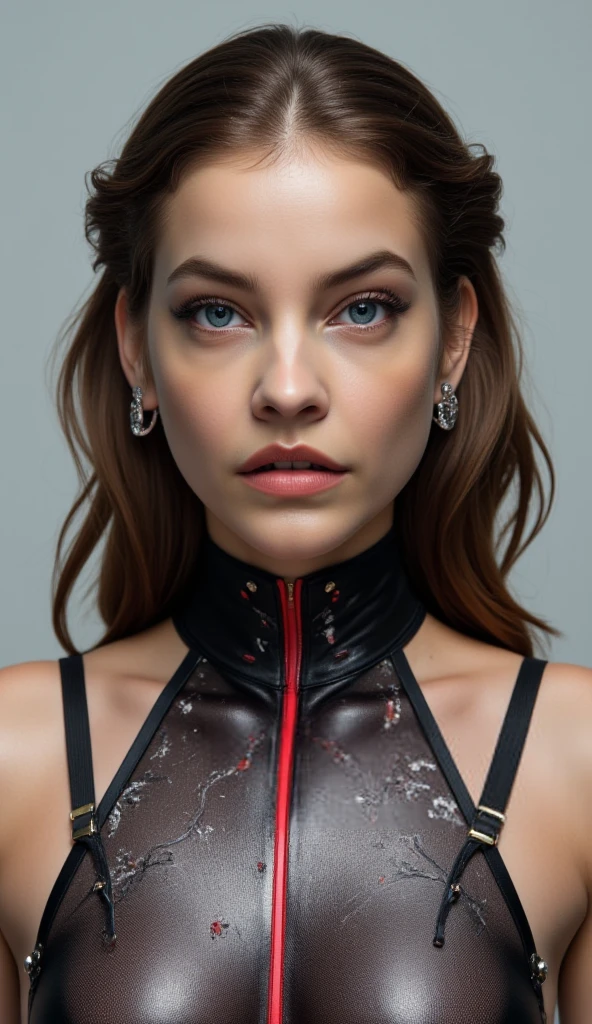 A beautiful ((evil slavic woman)), pale skin, long light brown hair, with robotic features as a closeup shot of the face and neck, with circuitry on her skin, clean lines, minimal details, cyberpunk, portrayed, futuristic design, in a 2D flat composition, red tones