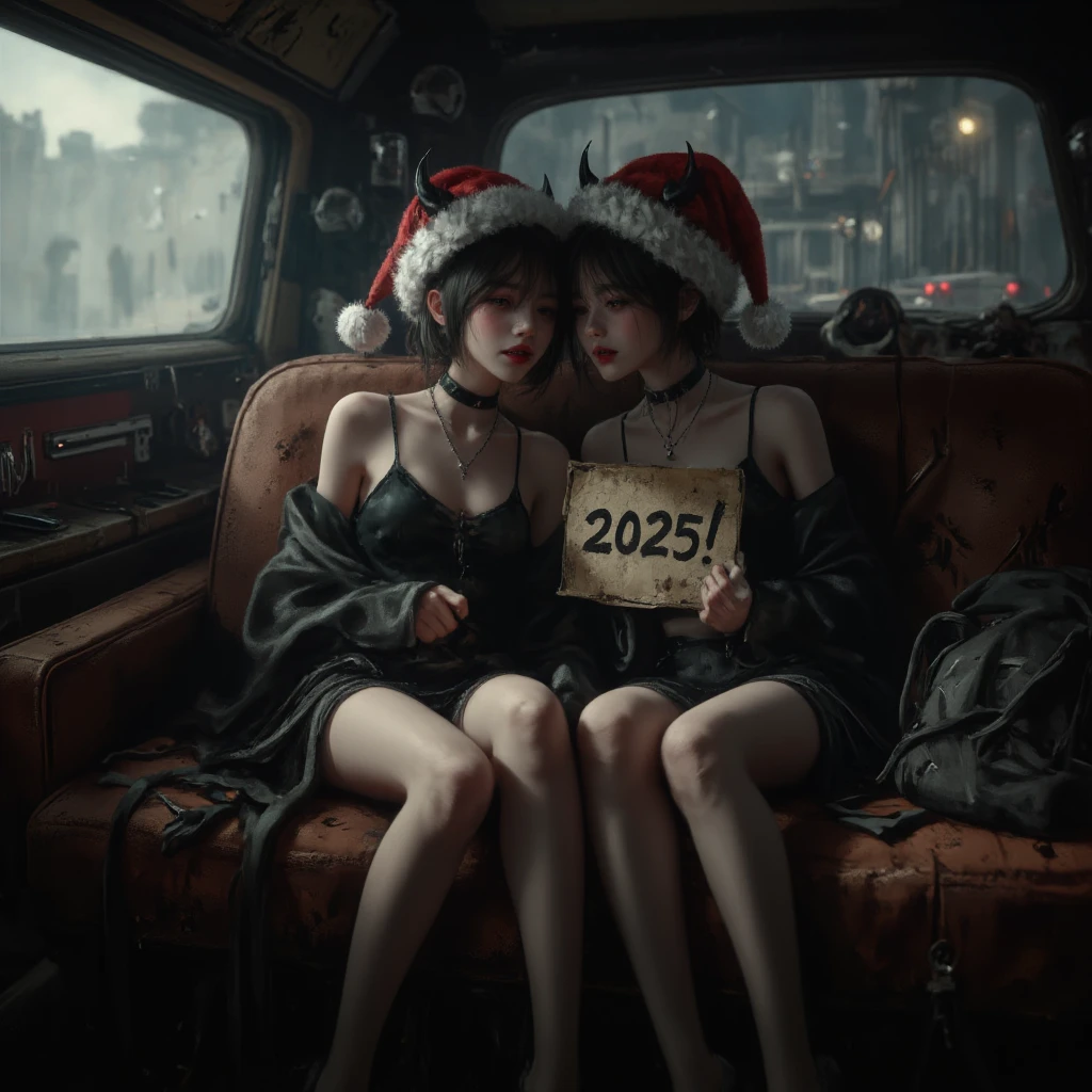 A cinematic ultra realitic photo of Two cute goth in dark gothic sitting in a brown red sofa, ((Skinny anorexic bodys)), slim arms, narrow hips, extremely long anorexic legs. Hairstyles: short dark hair . Santa hats has devil black horns on there heads. Squished together in the limousine, arms around the shoulder of her white girlfriend . ((the girl on the left is holding i paper sign with the text "2025!")), horrific creep  smiling and  laughing ,smiling jester  sharp teeth, chokers , pretty    