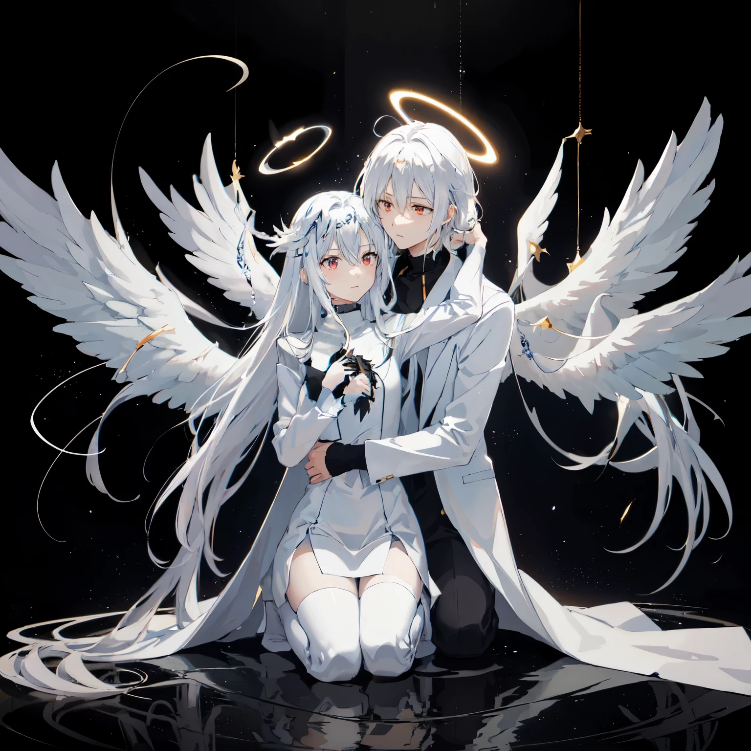 Anime couple hugging and kissing ,  long scarf red color  ,Looking forward Man in formal attire wearing a white and platinum lab coat on top Male,red eyes, cabello largo color platino anime angel con alas y un halo por encima de la cabeza, anime wallpaper , bíblico preciso angel , angelic, ((zerator )),  glowing angelic being  , an angel, angelical, hd anime wallpaper , Night, angel, ascension,  Big shiny white wings , zero-chan, Angelic and Disturbing  , the lilies, ethereal anime, angelic halocon alas de angel, white-haired deity,  Glowing Angelic Being , Angelic halo, sacred halo, Un angel,  Claymore anime background ,  winner of the pixiv , The Angel of Death with a halo, anime wallpaper, angelic and disturbing,  orange halo around her head ,  ray of light through white hair, bright halo above his head,Looking forward Man in formal attire wearing a white and platinum lab coat on top Male,red eyes, cabello largo color platino anime angel con alas y un halo por encima de la cabeza, anime wallpaper , bíblico preciso angel , angelic, ((zerator )),  glowing angelic being  , an angel, angelical, hd anime wallpaper , Night, angel, ascension,  Big shiny white wings , zero-chan, Angelic and Disturbing  , the lilies, ethereal anime, angelic halocon alas de angel, white-haired deity,  Glowing Angelic Being , Angelic halo, sacred halo, Un angel,  Claymore anime background ,  winner of the pixiv , The Angel of Death with a halo, anime wallpaper, angelic and disturbing,  orange halo around her head ,  ray of light through white hair, bright halo above his head, de HALO de ANGEL shiny white and platinum , masterpiece,  angry face, Ojos rojos, limelight, swirling wind, snowy background ,  lab coat color white and platinum formal attire platinum color ,