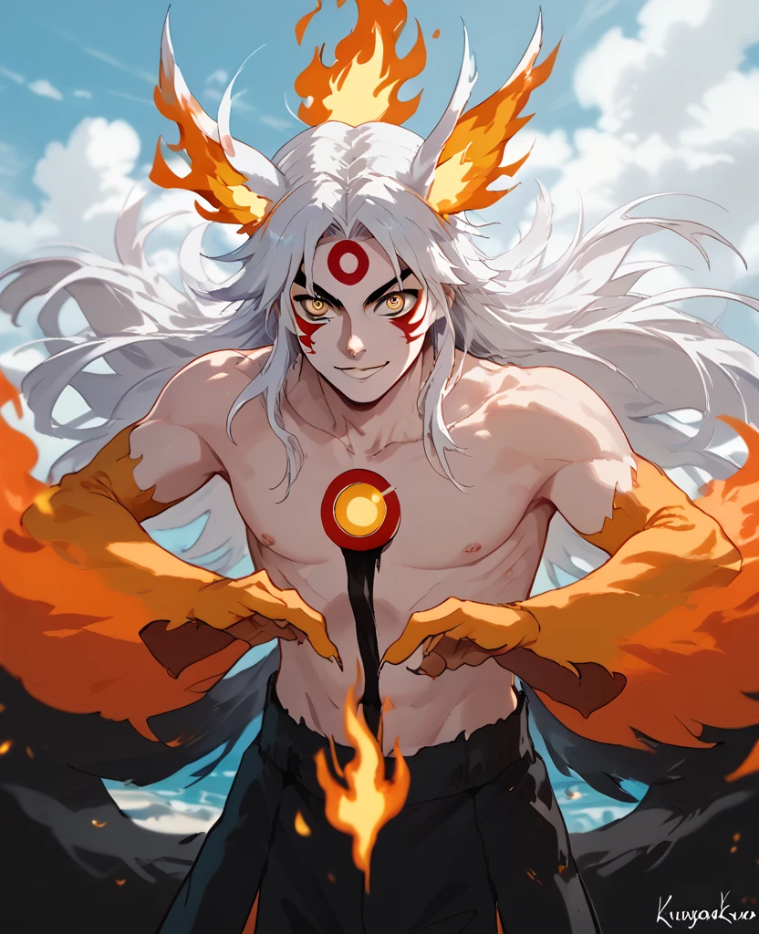 man, flaming hair, white skin, red face paint, jentry chau, anime style, fire powers, yellow cat eyes, white hair, third cat eye on forehead, voluminous hair, orange twilight sky, smile, kitsune style, strong, Kyojuro Rengoku