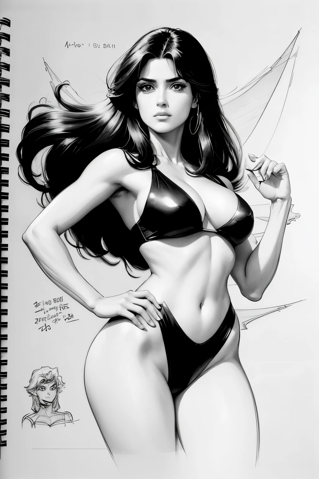 model, \cartoon/, Exclusive, meigo, simple . private, Salma Hayek sketch art style , sketchbook, magazine , hand drawing ,  with black and white graphite, perfection,  best quality , manga, pose, positions, cartunesco, simple, loaded .