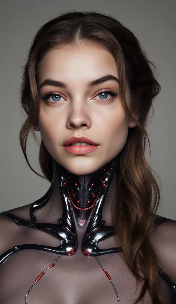 A beautiful ((evil slavic woman)), pale skin, long light brown hair, with robotic features as a closeup shot of the face and neck, with circuitry on her skin, clean lines, minimal details, cyberpunk, portrayed, futuristic design, in a 2D flat composition, red tones