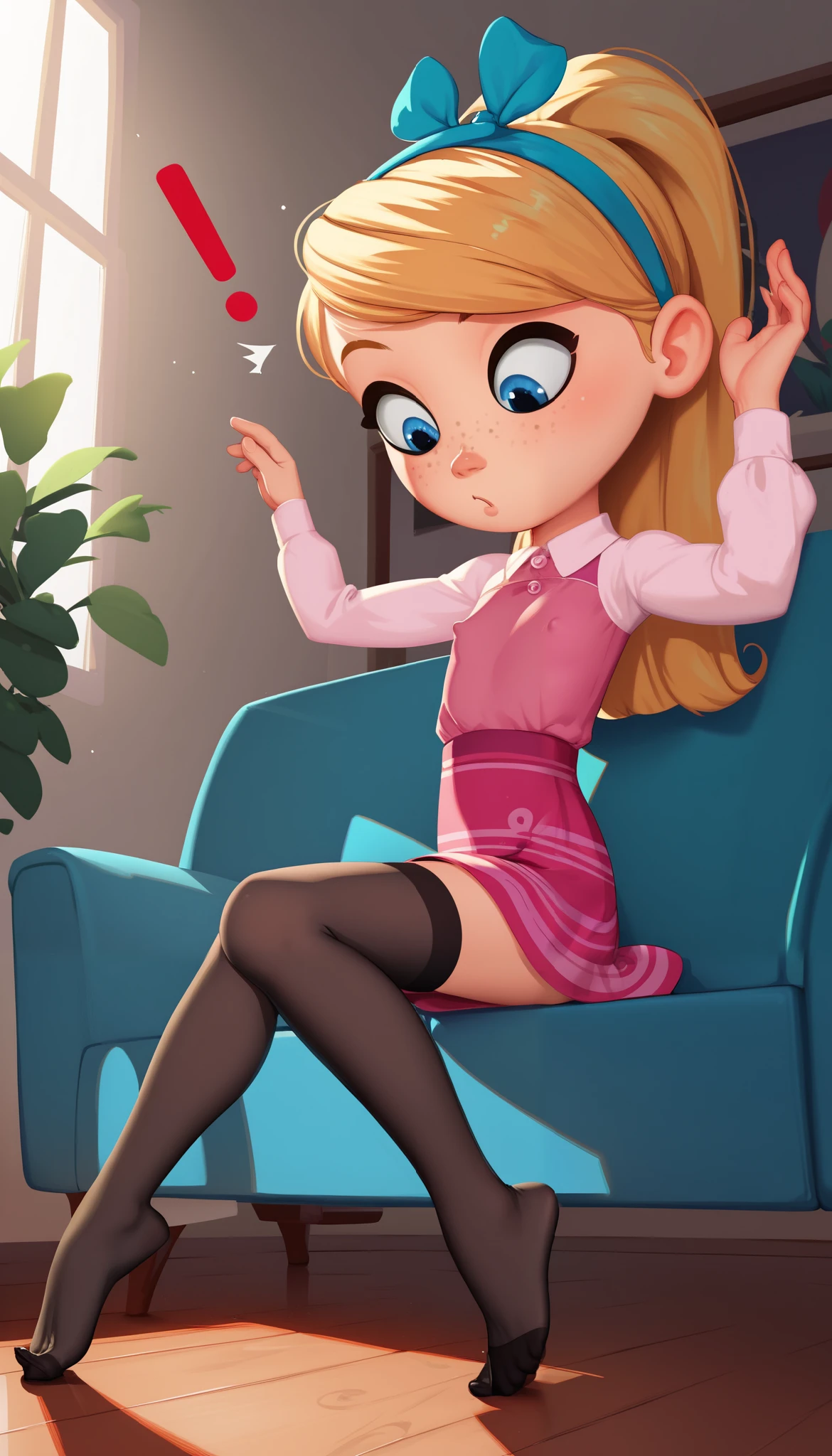 1girl, full body, solo, young girl, 9- , penny peterson, long hair, blue eyes, freckles, blonde hair, skirt, hairband, cyan ribbon, ponytail, black sexy stockings, pink dress, long sleeves, no shoes, score_9, score_8_up, score_7_up, score_6_up, score_5_up, sitting, sofa, sitting up, indoors, looking down, looking straight down, hands in air, head tilted down, surrender, exclamation mark, close mouth, soft lighting, flat chest, erect nipple bulge