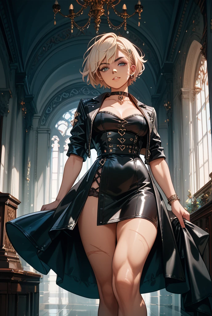 full body Waifu beautiful detailed eyes, beautiful detailed lips, extremely detailed eyes and face, longeyelashes, 1girl, sensual, young woman, sexy medium / large breasts, beautiful feminine face, nice sexy thighs, slim, sexy, erotic, beautiful clothes, perfect body, perfect anatomy of female, cinematic lighting and framing, (best quality,4k,8k,highres,masterpiece:1.2),ultra-detailed,digital painting,portrait,glamorous,highly detailed,soft lighting,warm color tones (High heel knee high boots)、(Sleeveless shirt with text print、belly button)、Tight mini skirt with slit、A 1 girl standing alone by a pillar on the stairs in front of the station at night.、Short Bob Hair、Medium breast、smile、Beautiful long legs、masterpiece:1.3、Raw photo quality、Highest quality、Detailed image quality、Detailed Background、White panties、Panty shot、