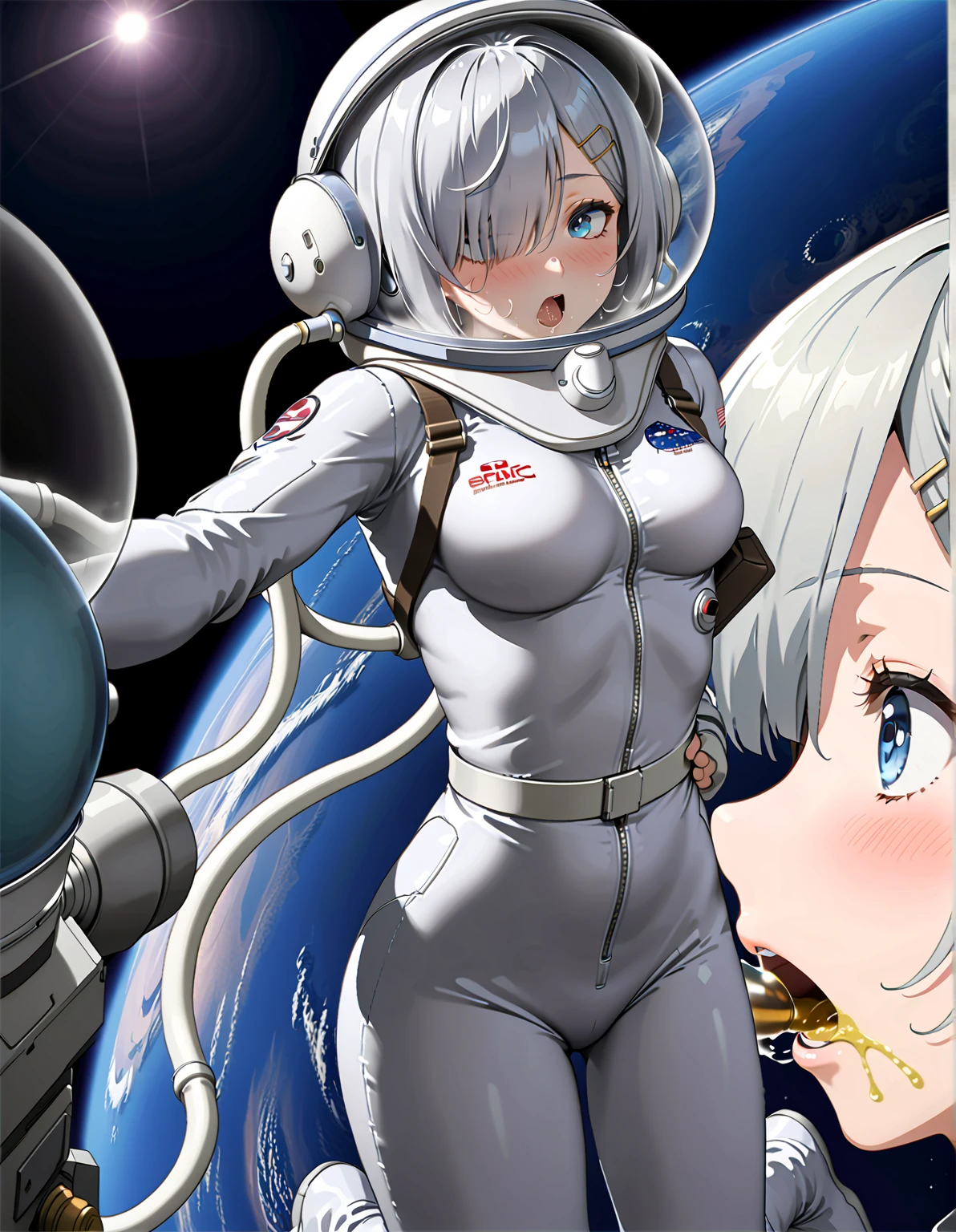 ( Space suit:1.15), astronaut)Bubble Helmet, Space Helmet, sweat,   blush,  出sweat, Vomit, Spit , freak out, trouble breathing ,  hypoxia, panic, Outer Space, floating,  Unique , masterpiece,   Best Quality  ,  1 girl,   beautiful  ,  Unique ,   Grey Hair, Hairpin, Short hair,   bangs,   hair covers one eye,   blue eyes 