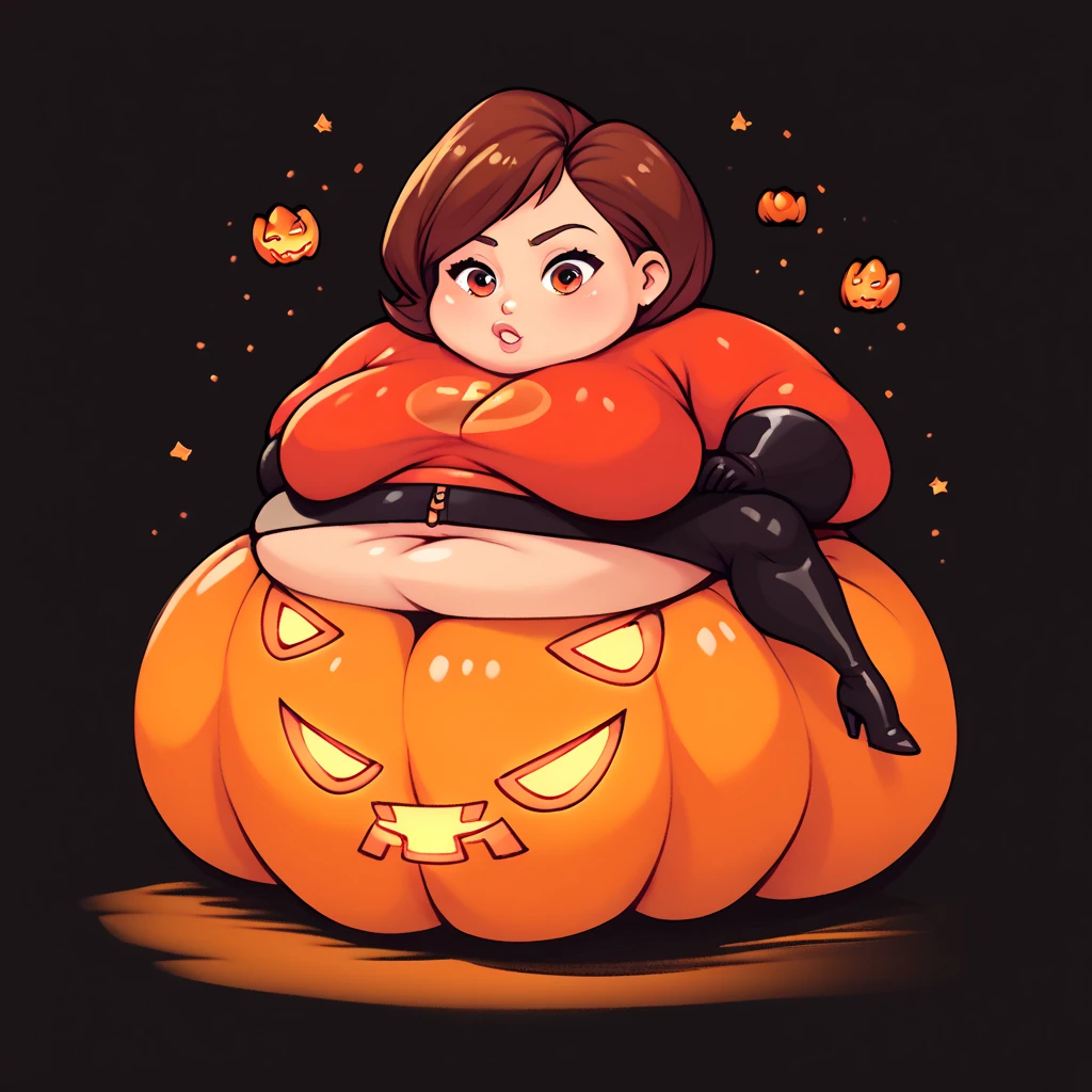 Helen parr , wide big hips, legwear obese, , 1girl, Jack-o'-lantern, inside pumpkin, orange pumpkin, masterpiece, highres, highly detailed face, simple background, black background, yellow stars