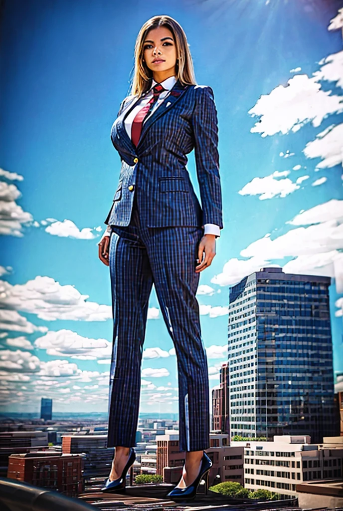 Looking down at the approaching young giga giantess, Giantess art, 500 miles tall giga giantess, young sophisticated and stylish woman in a light grey italian pinstriped trouser 3-peice suit, form fitting crisp office shirt, and a large wide light blue necktie in a windsor knot, with a beautiful, curvaceous figure, large natural breasts, and long wavey blonde hair, with a curvaceous figure and massive breasts. wearing blue rounded court high heels with uncovered feet and standing, rampage-like pose, with a city skyscrapers background of mega-city, skyscapers, partially obscured by a hazy, cloudy atmosphere. The image is a high-resolution, masterpiece-quality, cinematic, ultra-detailed, and hyper-photorealistic photograph, with perfect hands, face, and lighting. ultra-detailed, 8K, photo-realistic, hyper-realistic, masterpiece, intricate details, full body view. Looking at camera, The image is a high-resolution, masterpiece-quality, cinematic, ultra-detailed, and hyper-photorealistic photograph, with perfect hands, face, and lighting. ultra-detailed, 8K, photo-realistic, hyper-realistic, masterpiece, intricate details,