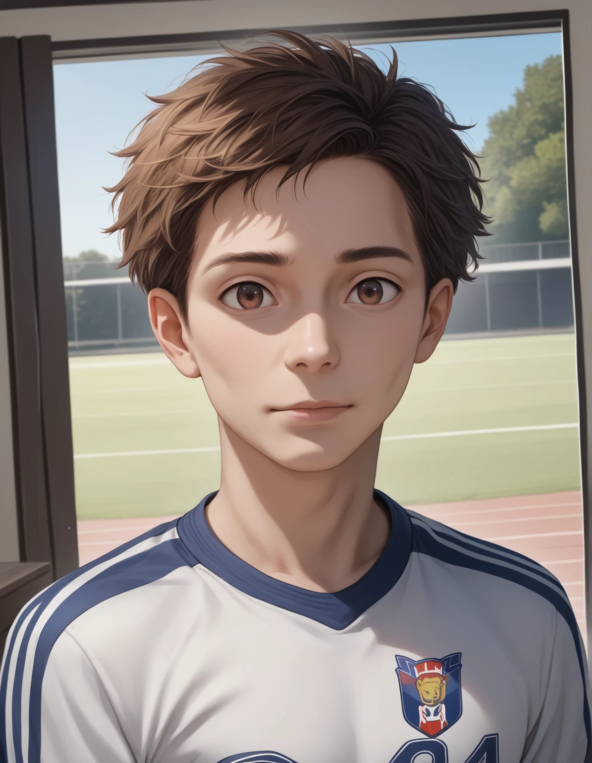  top quality ,  face focus,  soft light,  super high res, ( photo realistic:1.4),  RAW photos ,  1 Japanese boy,   Mother、、 soccer boy with genitals、 anime style、solo,  cute, ( big smile when looking back:0.5), ( brown eyes,  light in the eyes ),  detailed and beautiful face , ( High Resolution Details of Human Skin Texture), ( short hair), break, in the blue sky,  soccer uniform,No soccer balls 、whole body、Anime Face、