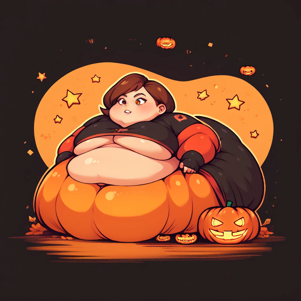 Helen parr, obese, , 1girl, Jack-o'-lantern, inside pumpkin, orange pumpkin, masterpiece, highres, highly detailed face, simple background, black background, yellow stars