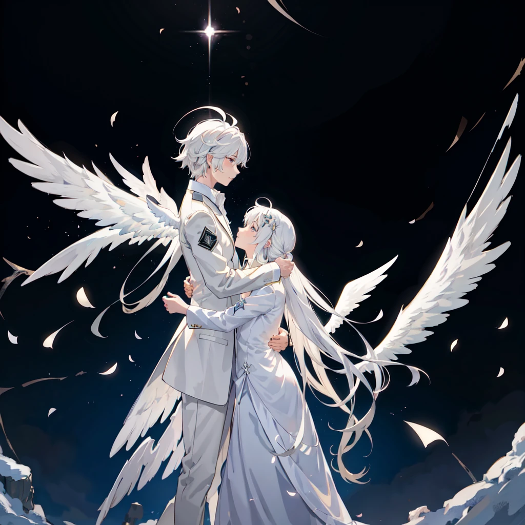 Anime couple hugging and kissing ,  long scarf red color  ,Looking forward Man in formal attire wearing a white and platinum lab coat on top Male,red eyes, cabello largo color platino anime angel con alas y un halo por encima de la cabeza, anime wallpaper , bíblico preciso angel , angelic, ,  glowing angelic being  , an angel, angelical, hd anime wallpaper , Night, angel, ascension,  Big shiny white wings , , Angelic and Disturbing  , the lilies, ethereal anime, angelic angel alas de angel, white-haired deity,  Glowing Angelic Being , Angelic halo, sacred halo, Un angel,  snowy anime background ,  winner of the pixiv , The Angel of Death with a halo, anime wallpaper, angelic and disturbing,  orange halo around her head ,  ray of light through white hair, bright halo above his head,Looking forward Man in formal attire wearing a white and platinum lab coat on top Male,red eyes, cabello largo color platino anime angel con alas y un halo por encima de la cabeza, anime wallpaper , bíblico preciso angel , angelic, angel  glowing angelic being  ,  angel, angelical,  anime wallpaper , Night, angel, ascension,  Big shiny white wings , , Angelic and Disturbing  , the lilies, ethereal anime, angelic halo con alas de angel, white-haired deity,  Glowing Angelic Being , Angelic halo, sacred halo, Un angel, ,  orange halo around her head ,  ray of light through white hair, bright halo above his head, ANGEL HALO shiny white and platinum , masterpiece,  angry face, Ojos rojos, limelight, swirling wind, snowy background ,  ANGEL HALO shiny white and platinum , masterpiece, angry face, Ojos rojos, limelight, swirling wind, snowy background ,  lab coat color white and platinum formal outfit platinum color formal attire complex snowy background 