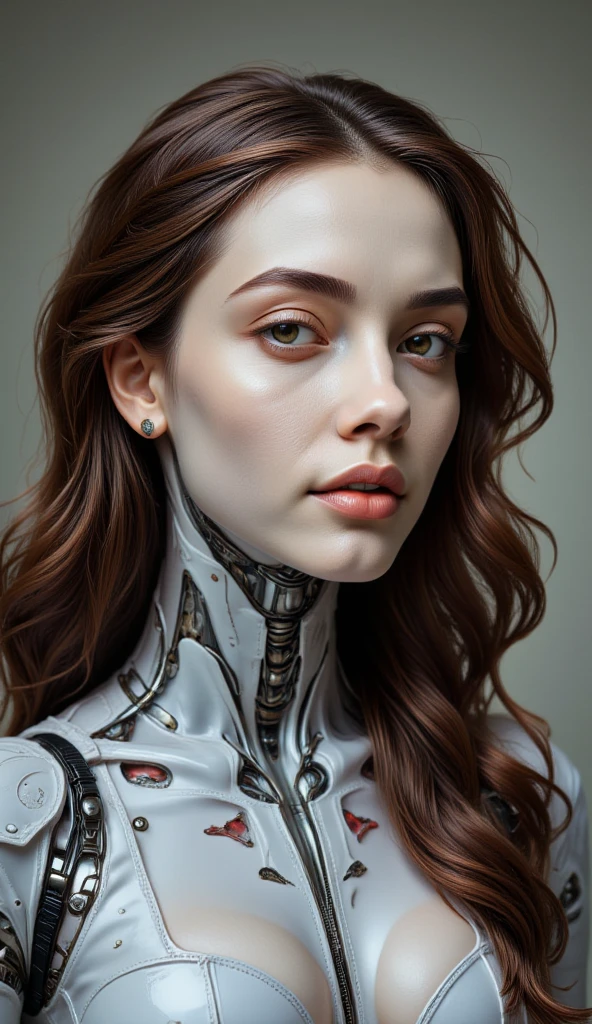 A beautiful ((evil slavic woman)), pale skin, long light brown hair, with robotic features as a closeup shot of the face and neck, with circuitry on her skin, clean lines, minimal details, cyberpunk, portrayed, futuristic design, in a 2D flat composition, red tones