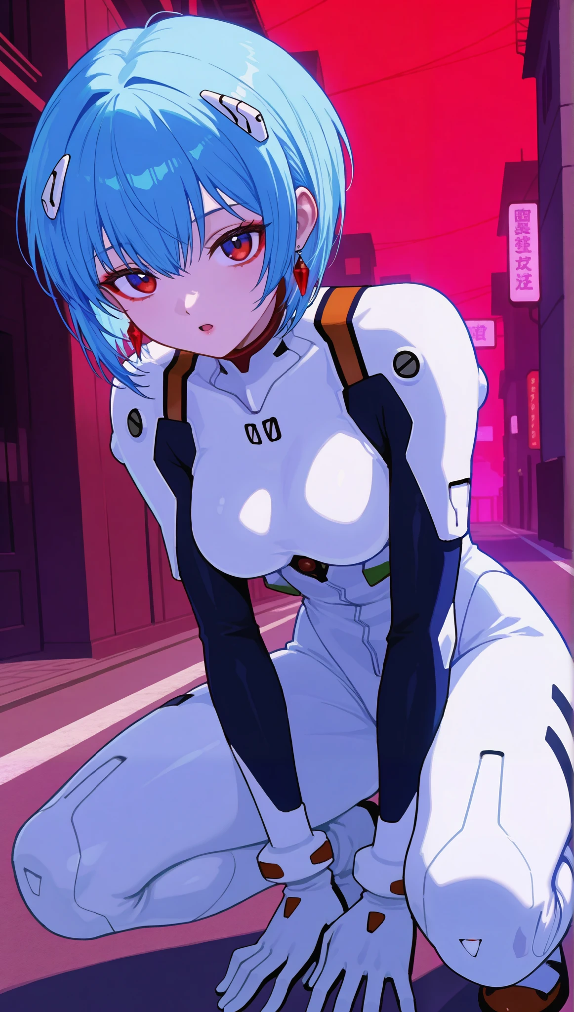 (masterpiece), (portrait), medium breasts (aesthetics), ((1 female 21 years old)), Highlight earrings), ((short hair, Accessory in hair,)), ((Hot crystal Sky blue hair)), ((Rei Ayanami)) straight hair, thin eyes open, cold look, red eyes, cute, naughty, thin eyes open, cold look, blue eyes, cute, naughty, tired look, open mouth panting, crouching tired, lane, woman, feminine, beautiful, female features, top, high quality, aesthetic clothing, professional angle, (rule of thirds), (feminine), , (beautiful) , (female), solo, (Korean attractive), summer, (ink haze), (afternoon), (vibrant light), seductive posture, ((face looking forward))), Rei Ayanami, Bonded armor, futuristic white jumpsuit, white with black details, battle uniform, sensual ((Energy)), (Bold Makeup), (medium Breasts), Fair Skin, (Clothes with Hip Hop Details), (a hot Rei Ayanami, sculptural body, sexy pose), (Sleep Neckline), Beautiful Hands, Body beautiful, beautiful ears, beautiful eyes, bright eyes, beautiful mouth, beautiful lips, on the street, buildings