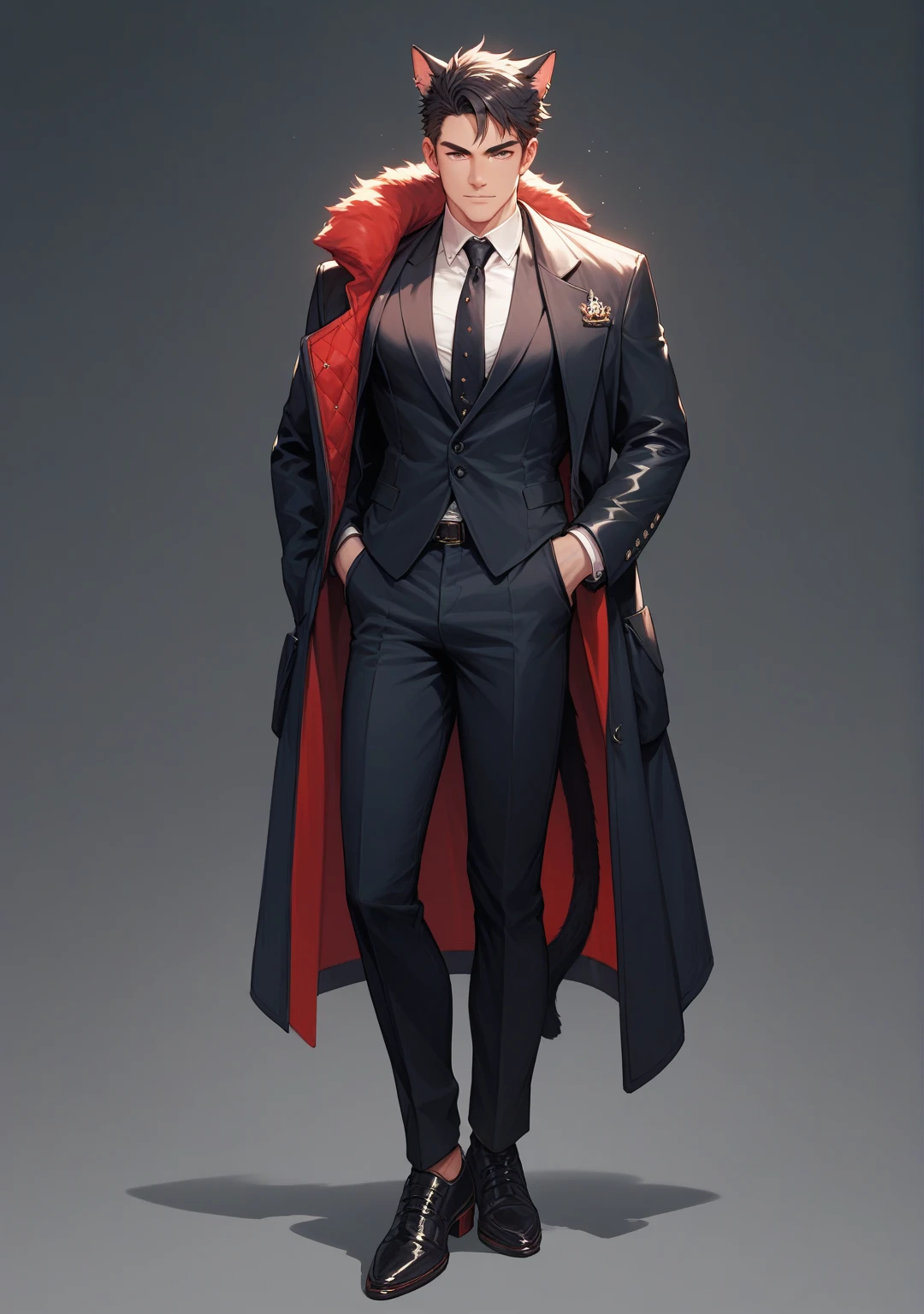 A handsome man with cat ears, short hair, wearing a luxurious red and black suit with a coat, well-built, full body shot.