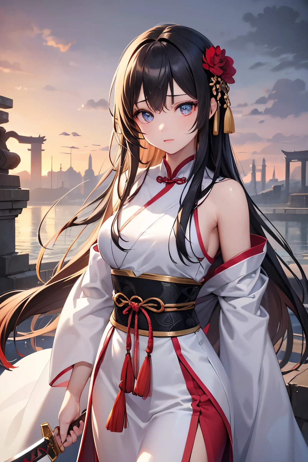 Extremely detailed CG unity 8k wallpaper, masterpiece, best quality, super fine, (beautiful detailed eyes: 1.2), high resolution, extremely detailed, highest rendering, (1 girl: 1.5),young girl,Animation style, ancient Chinese style,white hanfu, black hair, shoulder-length hair, Charming look, long legs, girl, a sword，Blade up