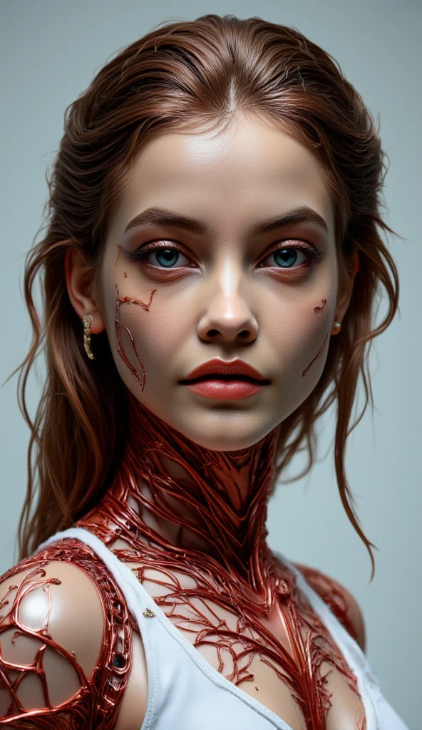 A beautiful ((evil slavic woman)), pale skin, long light brown hair, with robotic features as a closeup shot of the face and neck, with circuitry on her skin, clean lines, minimal details, cyberpunk, portrayed, futuristic design, in a 2D flat composition, red tones