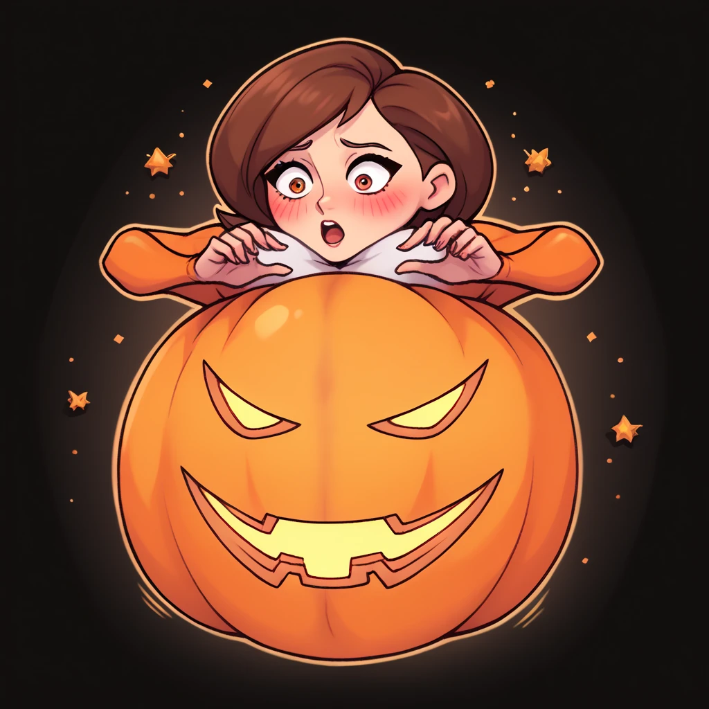 Helen parr, shocked blush , uber inflation, puffed eyes, head inflation body inflation, puffed hands, puffed feet, puffed legs, puffed arms, 1girl, Jack-o'-lantern, inside pumpkin, orange pumpkin, masterpiece, highres, highly detailed face, simple background, black background, yellow stars