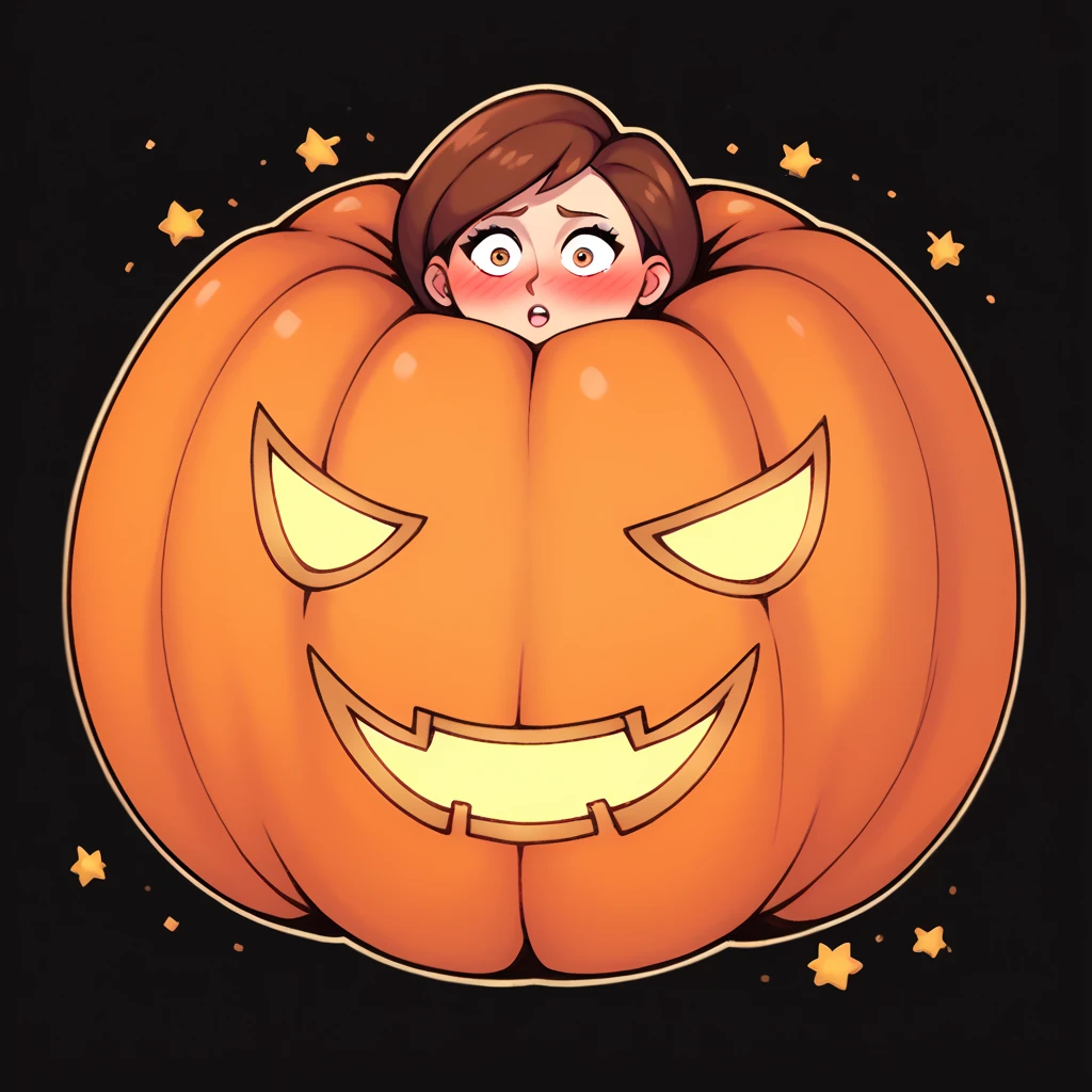 Helen parr, shocked blush , uber inflation, puffed eyes, head inflation body inflation, puffed hands, puffed feet, puffed legs, puffed arms, 1girl, Jack-o'-lantern, inside pumpkin, orange pumpkin, masterpiece, highres, highly detailed face, simple background, black background, yellow stars