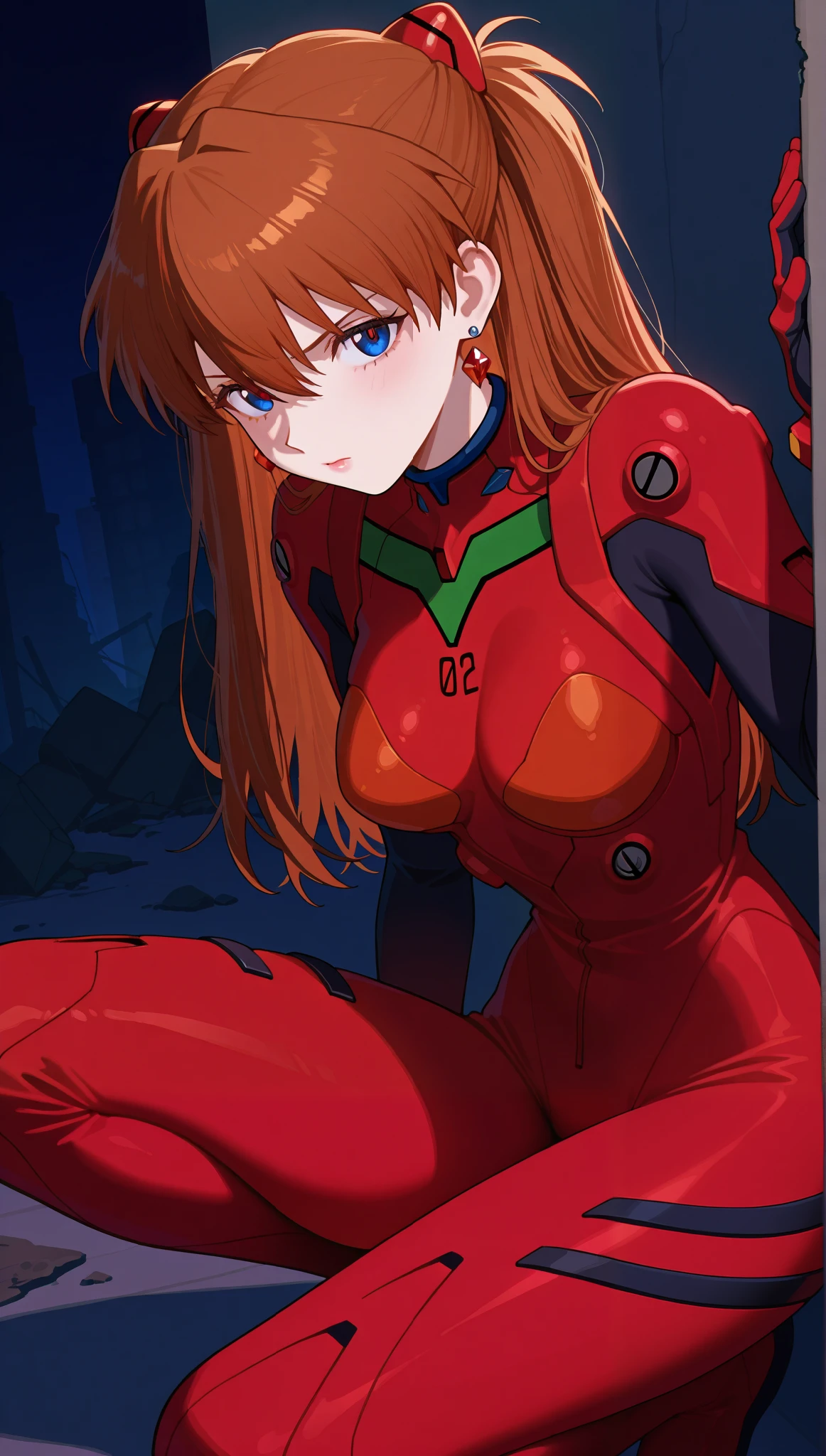(masterpiece), (portrait), medium breasts (aesthetics), ((1 female 21 years old)), Highlight earrings), ((long hair)), ((Hot crystal brown hair)), ((Asuka Soryu Langley, slightly destroyed armor)) straight hair, thin eyes open, cold look, blue eyes, cute, naughty, tired look, anger, crouching tired, lane, woman, feminine, beautiful, female features, top, high quality, aesthetic clothing, professional angle, (rule of thirds), (feminine), , (beautiful) , (female), solo, (Korean attractive), summer, (ink haze), (afternoon), (vibrant light), seductive posture, ((face looking forward))), Asuka Soryu Langley, Bonded armor, futuristic jumpsuit, red with black details, battle uniform, sensual ((Energy)), (Bold Makeup), (medium Breasts), Fair Skin, (Clothes with Hip Hop Details), (a hot Asuka Soryu Langley, sculptural body, sexy pose), (Sleep Neckline), Beautiful Hands, Body beautiful, beautiful ears, beautiful eyes, bright eyes, beautiful mouth, beautiful lips, abandoned, destroyed building