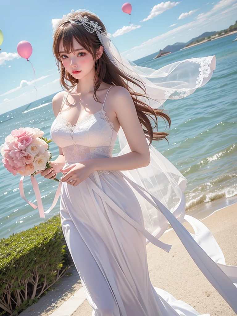 Low - Angle, whole body, Thigh Gap, (((AKB48))), ((Lens flare)), ((Narrow waist)), (smile)),((19 years old),(((Small Bust)))))), ((colorful lace wedding dresses)))), (Skin sensation)))), (PhotoGenuineism: 6, Genuine)))), Perfect lower body shape, Naked butt, Side Ponytail, Braiding, Pale skin, Watch Viewer, Beach, coastline, Wind, Wave, 8K Ultra HD, Digital SLR, Soft lighting, high quality, 最high quality, Ultra-high resolution, (photoGenuineistic: 1.4),