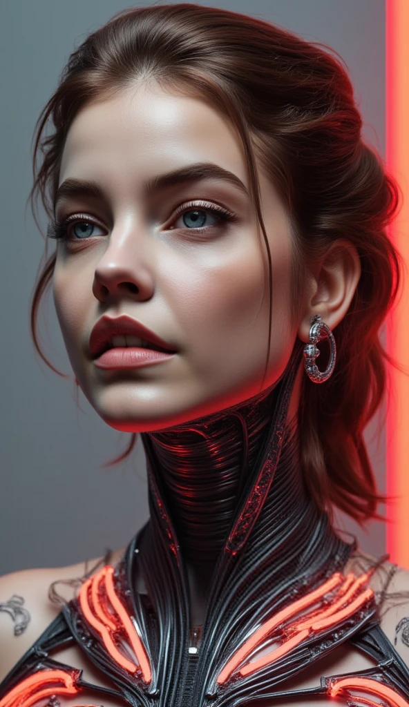 A beautiful ((evil slavic woman)), pale skin, long light brown hair, with robotic features as a closeup shot of the face and neck, with circuitry on her skin, clean lines, minimal details, cyberpunk, portrayed, futuristic design, in a 2D flat composition, red tones