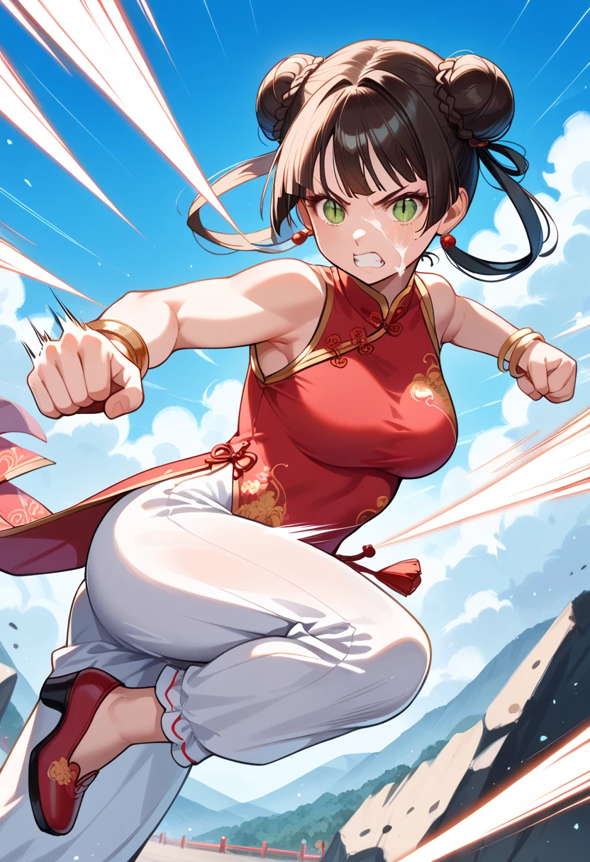 beautiful middle age woman floating over a urban city,sci fi, illustration by Makoto Sinkai,digital anime art,chef woman holding cooking knife,huge huge busty,side view,run,high-speed,Full body illustration, Beautiful woman running at full speed ,Anime illustration ,Sprint, Smile, French restaurant background