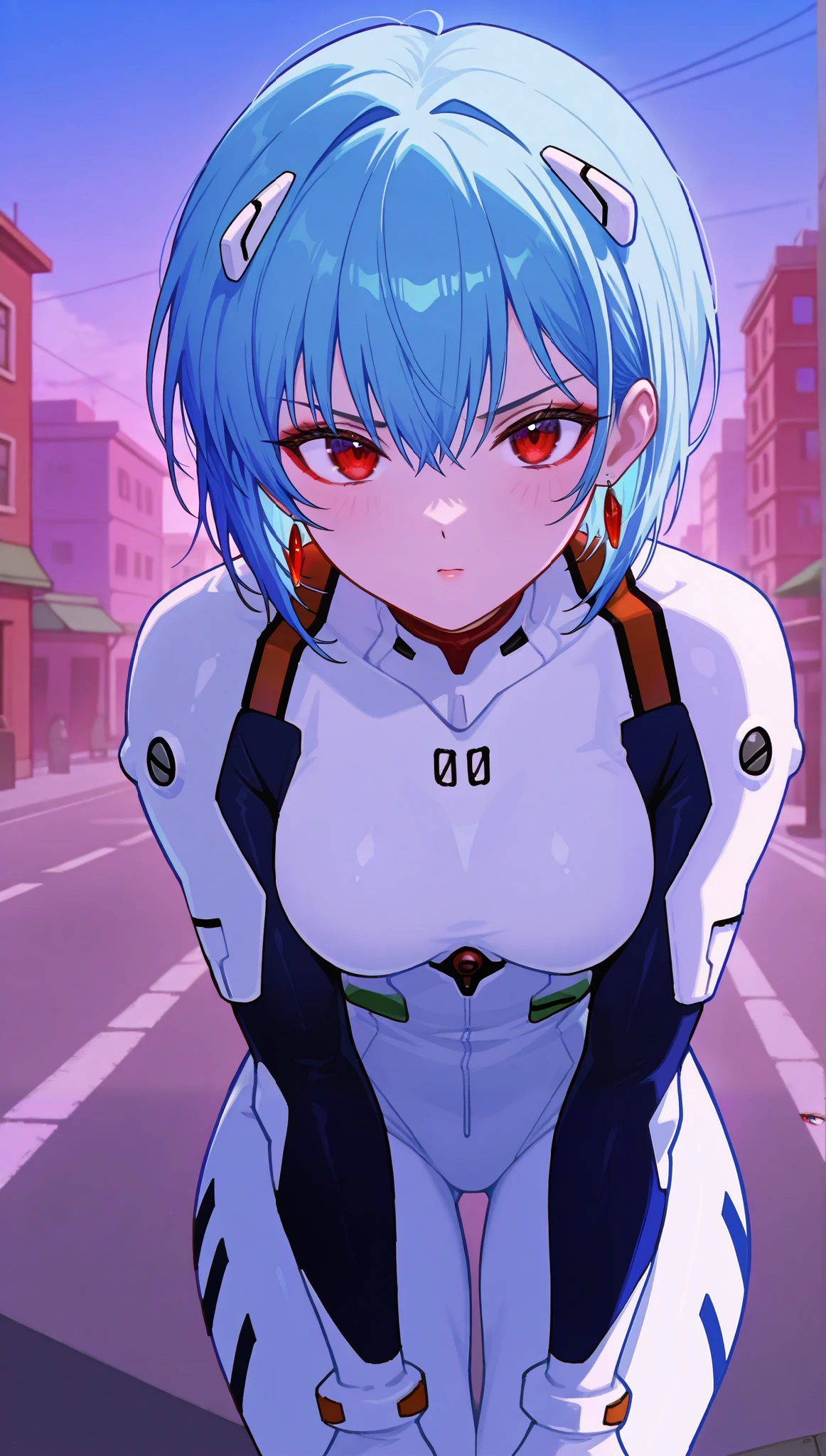 (masterpiece), (portrait), medium breasts (aesthetics), ((1 female 21 years old)), Highlight earrings), ((short hair, Accessory in hair,)), ((Hot crystal Sky blue hair)), ((Rei Ayanami)) straight hair, thin eyes open, cold look, red eyes, cute, naughty, thin eyes open, cold look, blue eyes, cute, naughty, tired look, anger, crouching tired, lane, woman, feminine, beautiful, female features, top, high quality, aesthetic clothing, professional angle, (rule of thirds), (feminine), , (beautiful) , (female), solo, (Korean attractive), summer, (ink haze), (afternoon), (vibrant light), seductive posture, ((face looking forward))), Rei Ayanami, Bonded armor, futuristic white jumpsuit, white with black details, battle uniform, sensual ((Energy)), (Bold Makeup), (medium Breasts), Fair Skin, (Clothes with Hip Hop Details), (a hot Rei Ayanami, sculptural body, sexy pose), (Sleep Neckline), Beautiful Hands, Body beautiful, beautiful ears, beautiful eyes, bright eyes, beautiful mouth, beautiful lips, on the street, buildings