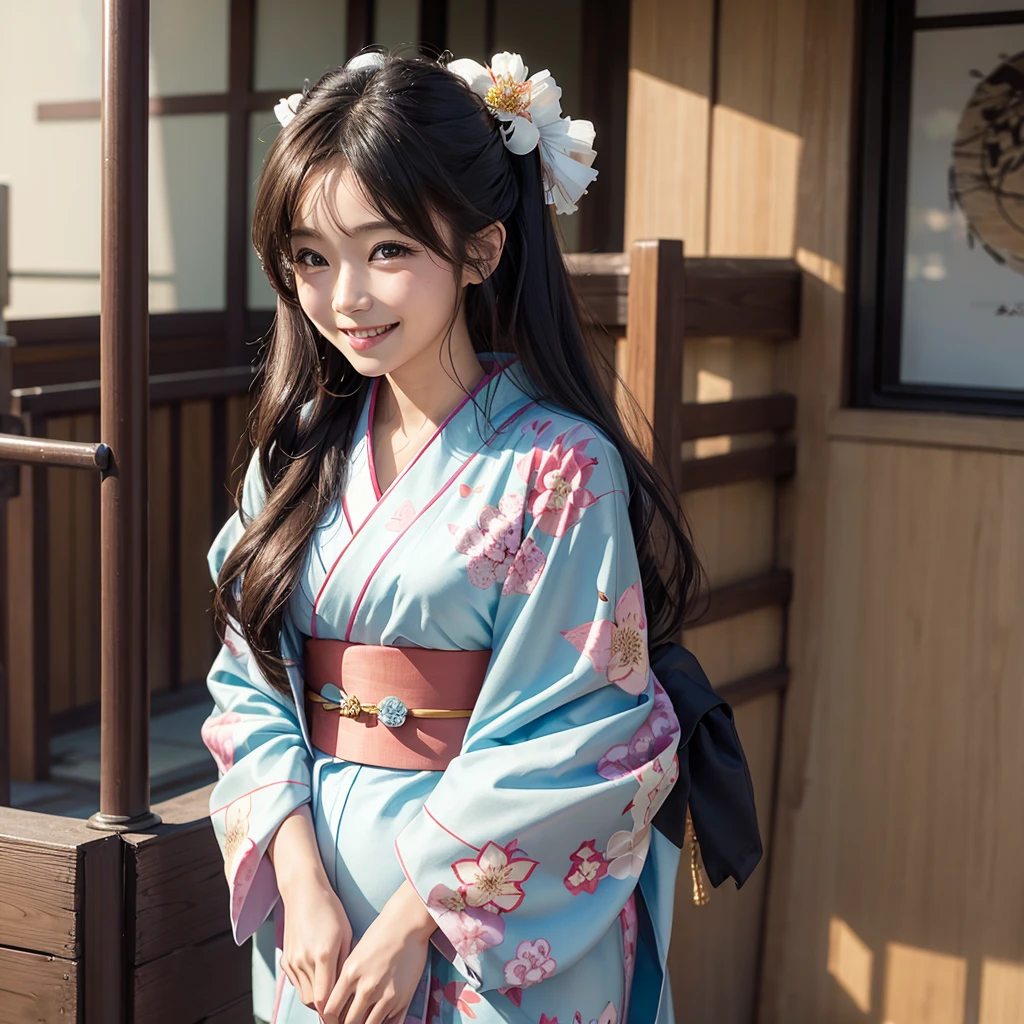  best smile , girl 、 Dynamic、solo,long hair, soft light,(( bright kimono ))New Year&#39;s Greetings,shrine