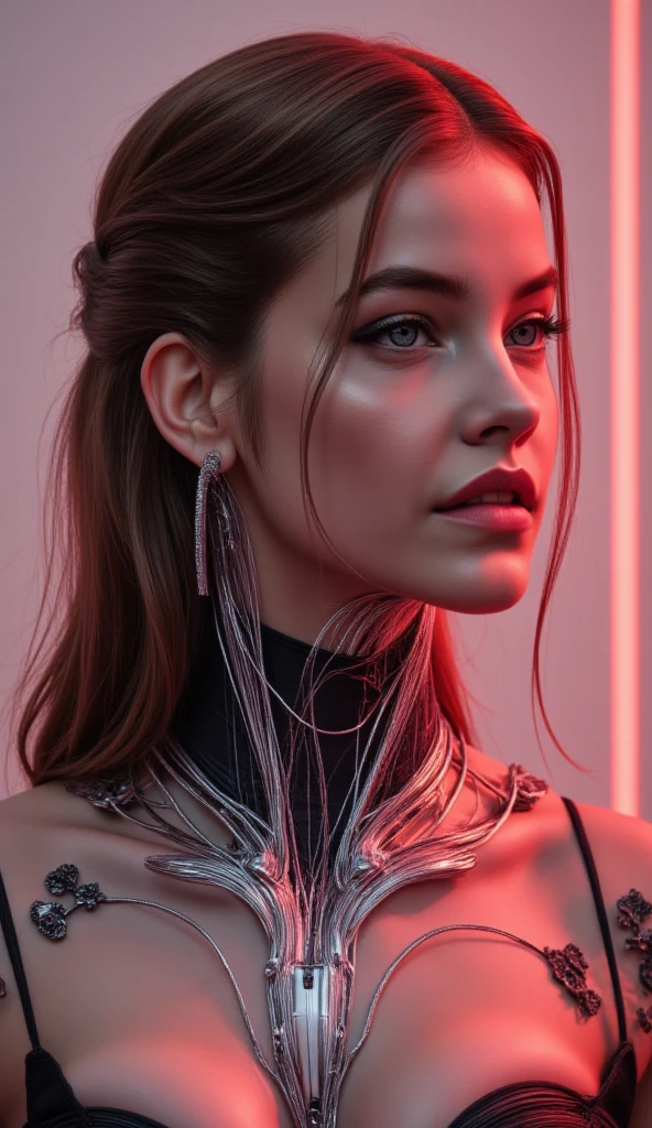 A beautiful ((evil slavic woman)), pale skin, long light brown hair, with robotic features as a closeup shot of the face and neck, with circuitry on her skin, clean lines, minimal details, cyberpunk, portrayed, futuristic design, in a 2D flat composition, red tones