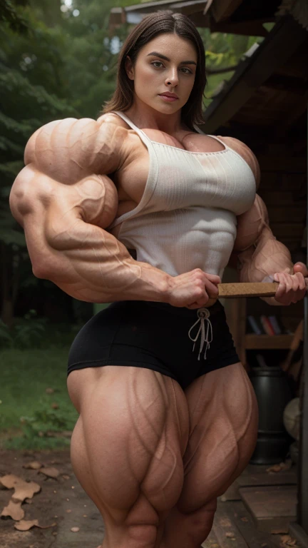 A heavily muscled iffb pro female bodybuilder, 23 year old Zoey Deutch, , pantyhose, forest