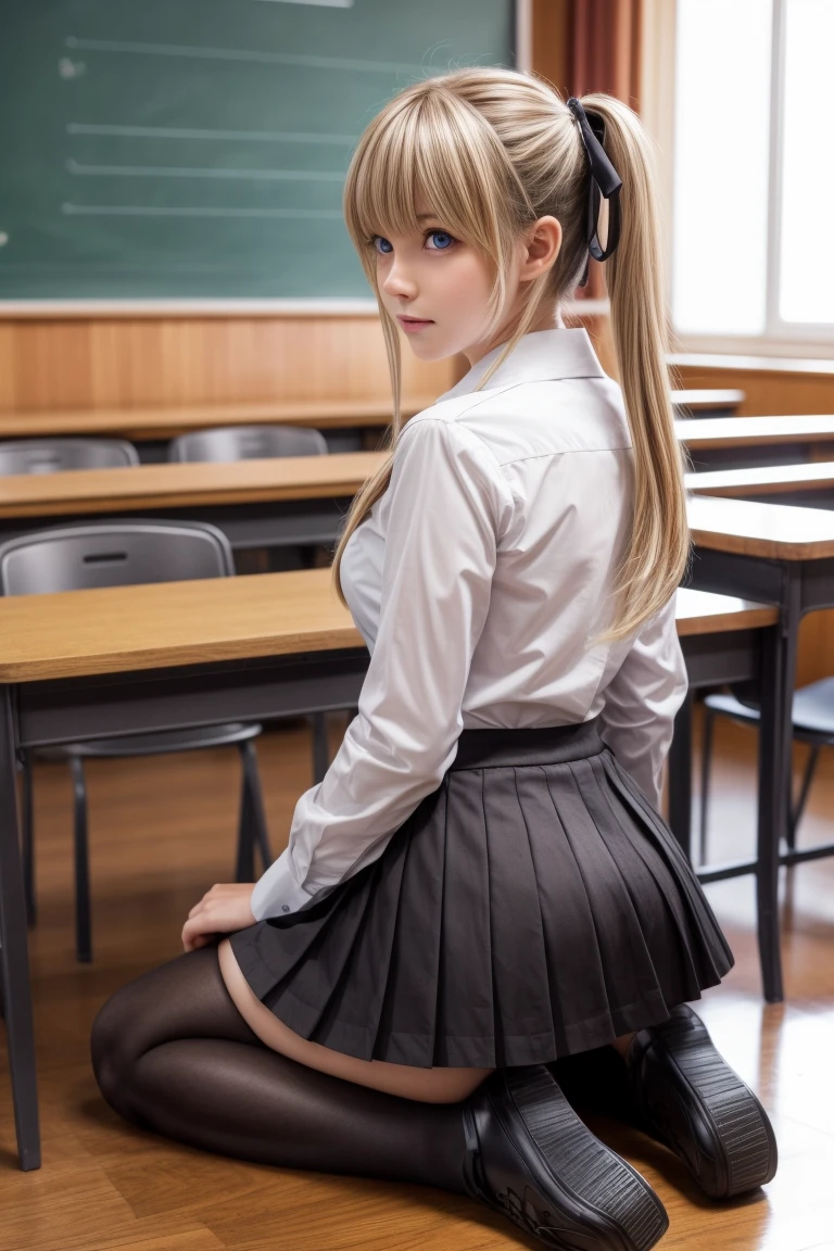 eririspencer, eriri sawamura spencer, blonde hair, blue eyes, blunt bangs, hair ribbon, hime cut, long hair, twintails, full body, full pose, BIG BREASTS, gross face, Grimace, ((kneeling)), BREAK black ribbon, black skirt, ((black pantyhose)), pleated skirt, ribbon, school uniform, skirt, zettai ryouiki, BREAK ((looking back)), ((school shoes)), BREAK indoors, classroom, BREAK (masterpiece:1.2), best quality, high resolution, unity 8k wallpaper, (illustration:0.8), (beautiful detailed eyes:1.6), extremely detailed face, perfect lighting, extremely detailed CG, (perfect hands, perfect anatomy),