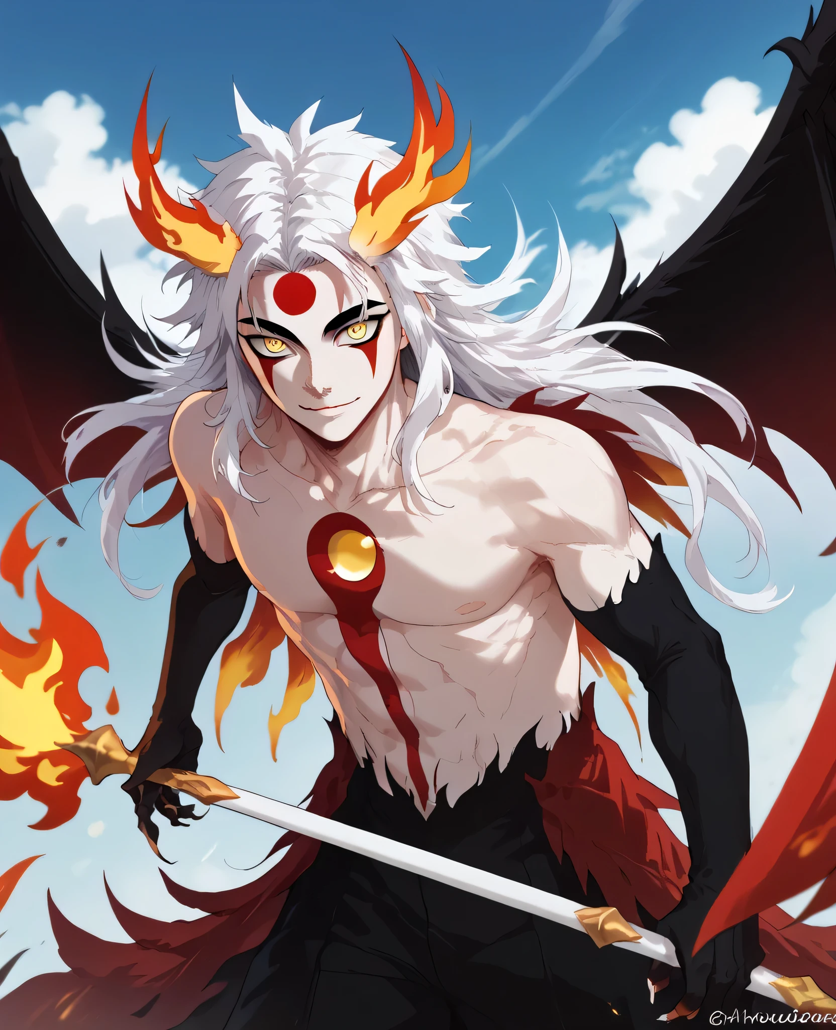 man, flaming hair, white skin, jentry chau style, anime style, fire powers, yellow eyes, white hair, third eye on forehead, voluminous hair, sky, smile, kitsune style, strong, Kyojuro Rengoku, cat eyes, eye on forehead, fire covered claws, red face paint, fire wings, fire staff