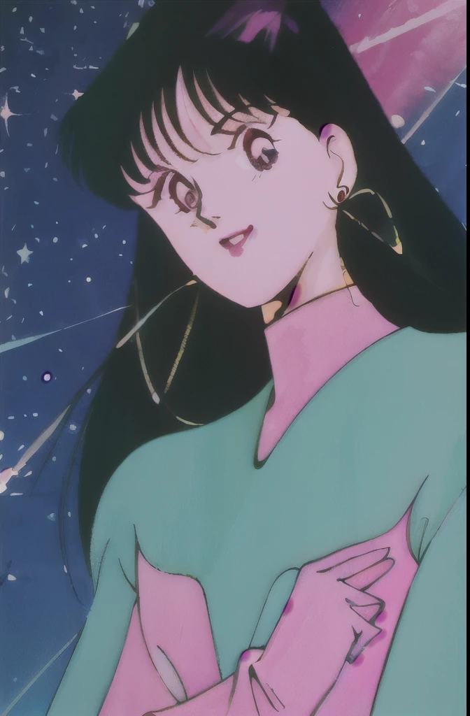 1girl, solo, long hair, black hair, microphone, gloves, jewelry, earrings, retro artstyle, 1980s (style), holding, space, black eyes, looking at viewer, holding microphone,  smile, blue background, upper body, star (symbol), pink gloves,  star (sky), very long hair, 