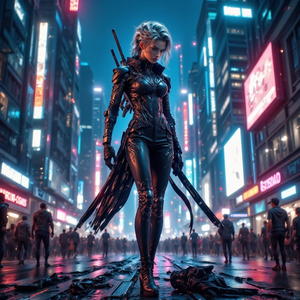 In a sprawling cyberpunk metropolis, neon-lit skyscrapers pierce the night sky, their facades adorned with holographic advertisements that flicker and shift. The streets below are a cacophony of activity, teeming with a diverse populace clad in avant-garde fashion that blends high-tech materials with edgy streetwear. Translucent raincoats, illuminated by embedded LED patterns, drape over form-fitting garments made of reflective fabrics, while augmented reality visors display personalized data streams across the wearers' eyes. Hovering above the bustling avenues, autonomous drones zip through the air, delivering packages and monitoring the city's pulse. At street level, vendors peddle exotic cybernetic enhancements from makeshift stalls, their offerings ranging from bioluminescent tattoos to neural interface upgrades. The aroma of street food, both organic and synthesized, mingles with the metallic scent of ozone from nearby power generators. Amidst the crowd, a towering figure stands out—a woman with cybernetic limbs that gleam under the neon lights. Her eyes, replaced by sleek optical implants, emit a soft, pulsating glow. Intricate circuitry patterns are etched into her exposed synthetic skin, and her hair, interwoven with fiber optic strands, shifts colors in response to ambient sounds. She moves with a fluid grace, a testament to the seamless integration of human and machine. In the distance, a colossal digital billboard broadcasts the latest in cybernetic fashion trends, showcasing models adorned with biotechnological accessories that blur the line between apparel and anatomy. The city's monorail system glides silently above, its transparent carriages offering passengers panoramic views of the urban sprawl. This hyper-detailed scene encapsulates the essence of a futuristic society where technology and humanity are inextricably intertwined, creating a vibrant tapestry of innovation, culture, and life.